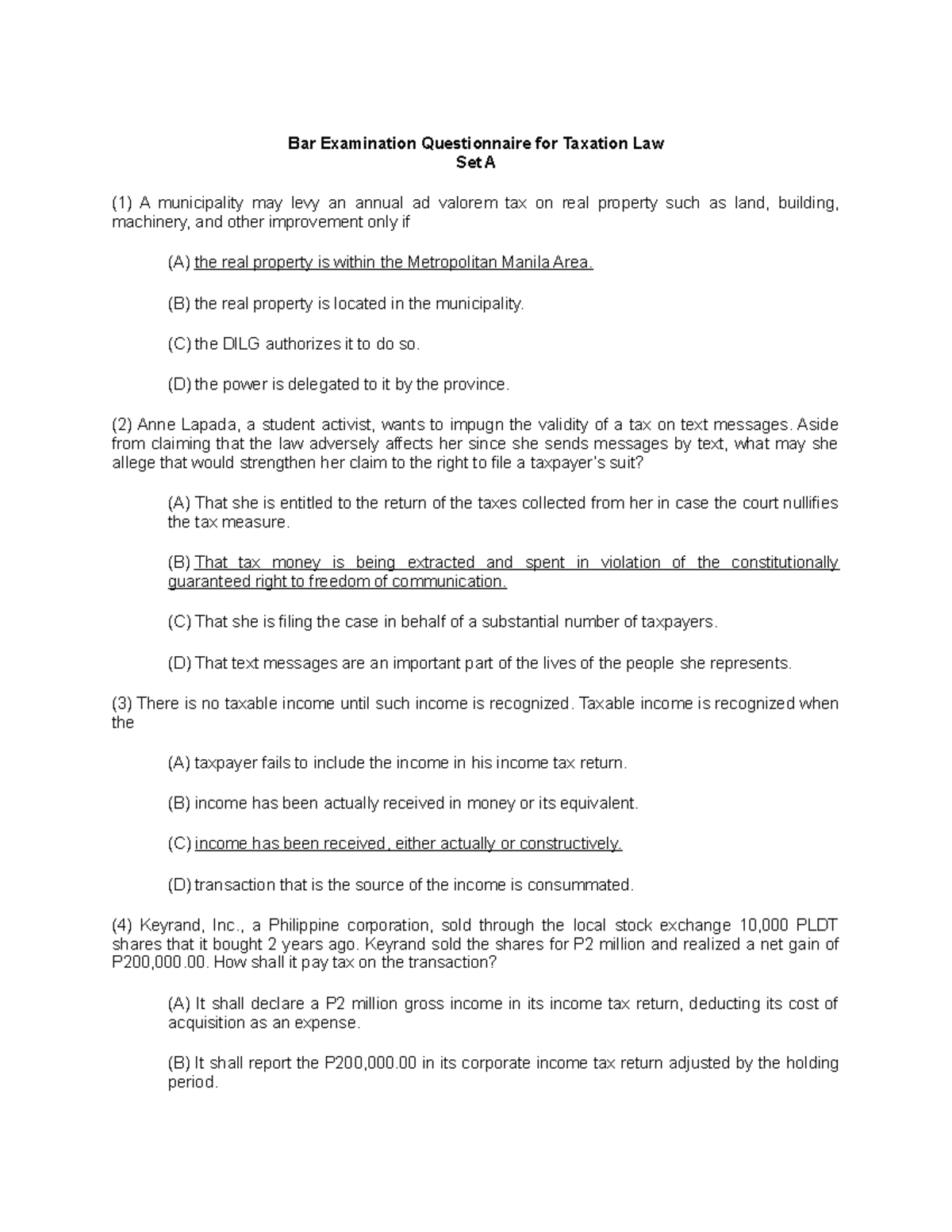 Bar Examination Questionnaire for Taxation Law (B) the real property