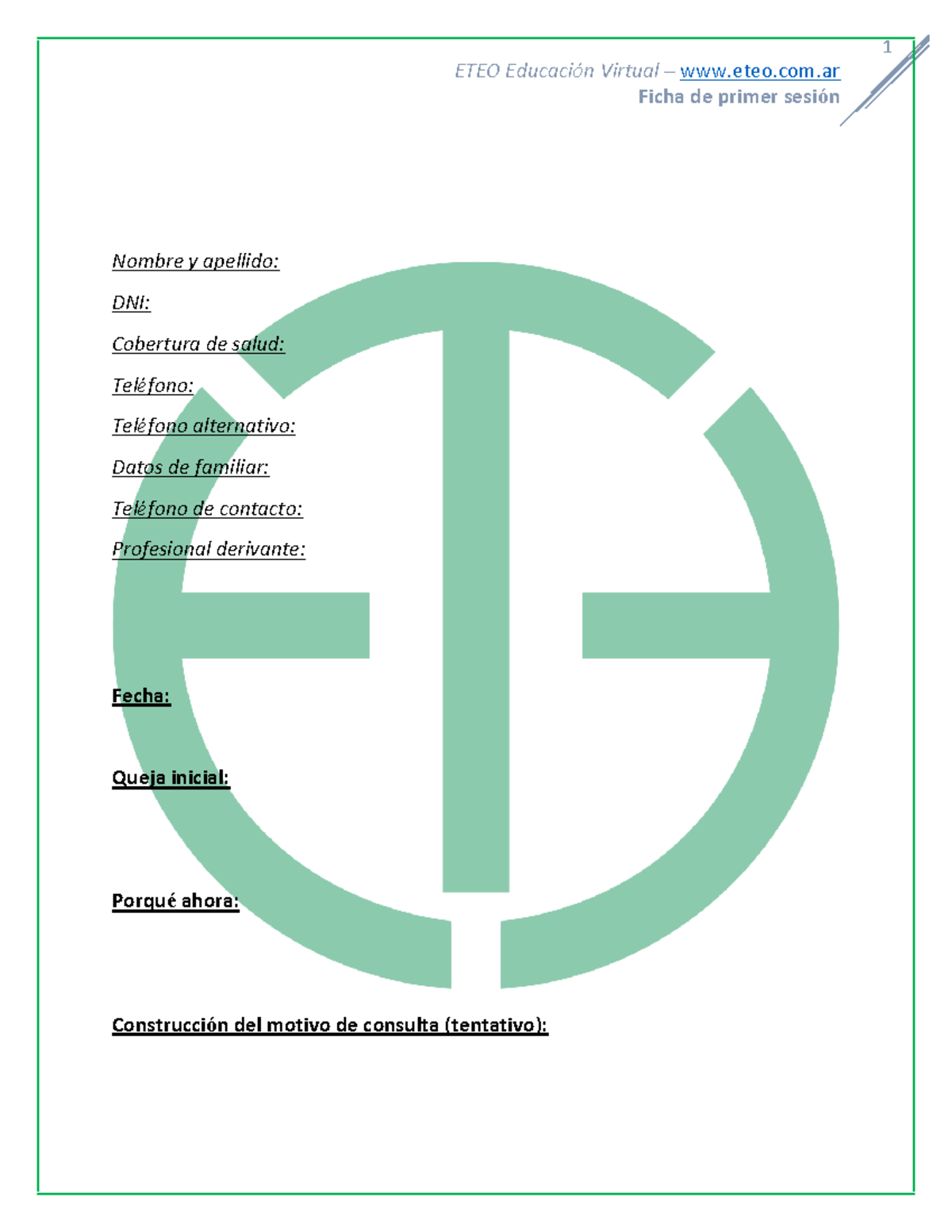 Ficha de primer sesion Nombre y apellido DNI Cobertura de salud