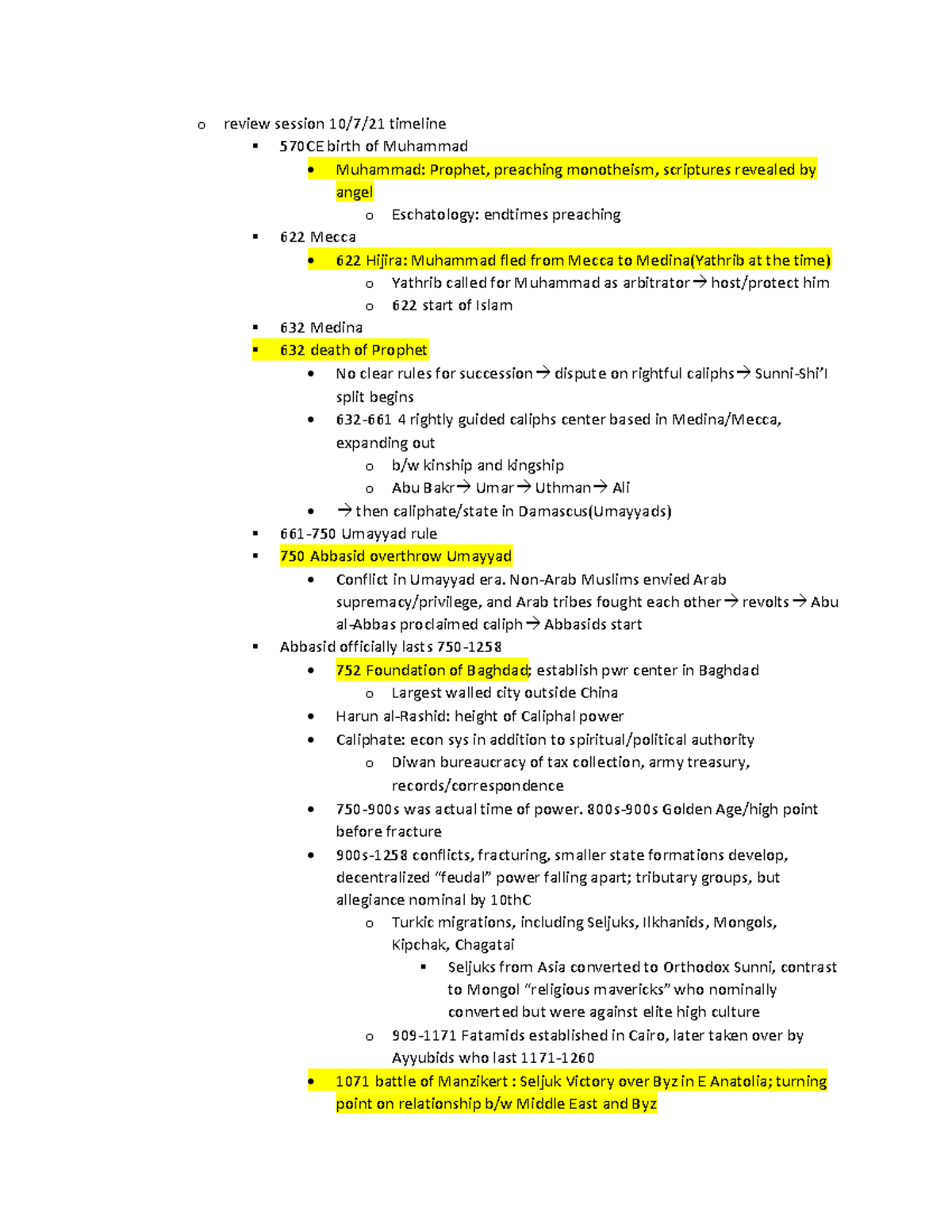 Midterm review session notes - o review session 10/7/21 timeline 570CE ...