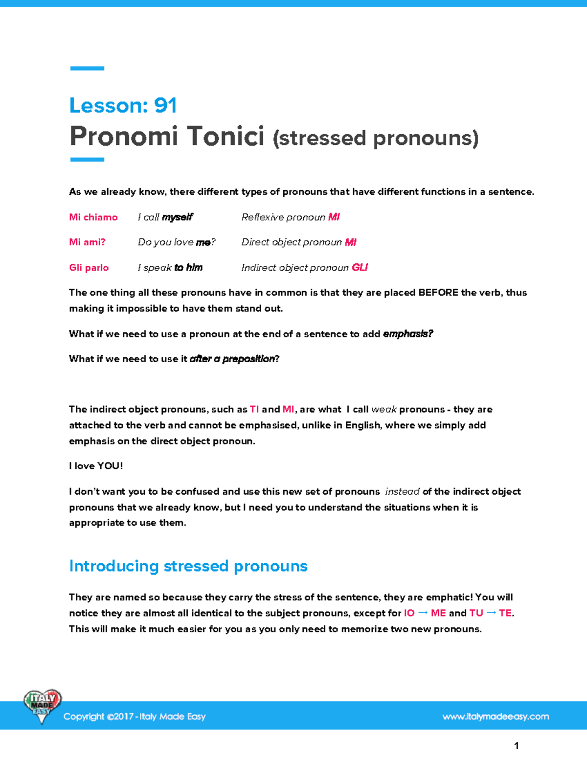 FZTI A1 U12 Lesson 091 - Lesson: Pronomi Tonici (stressed Pronouns ...