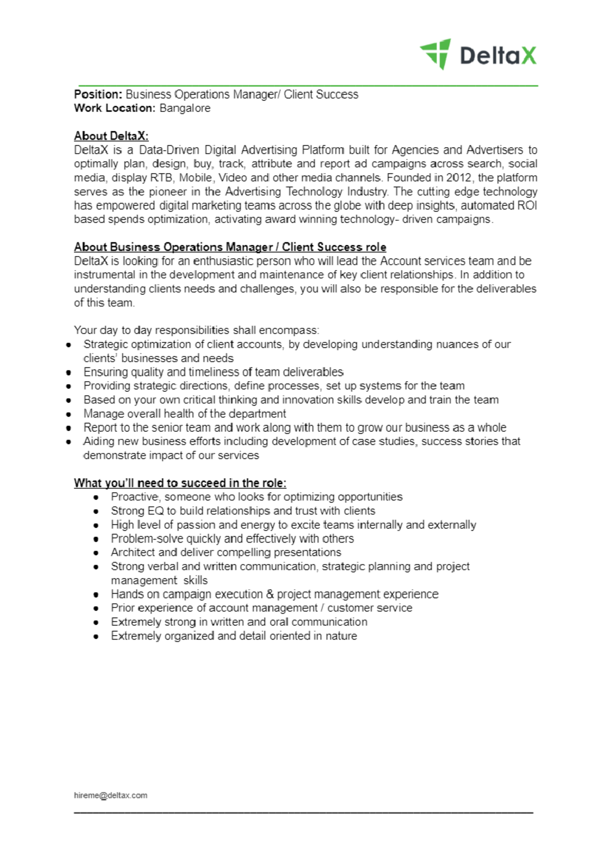 Delta X - Business Operations Manager - Job Description - DeltaX ...