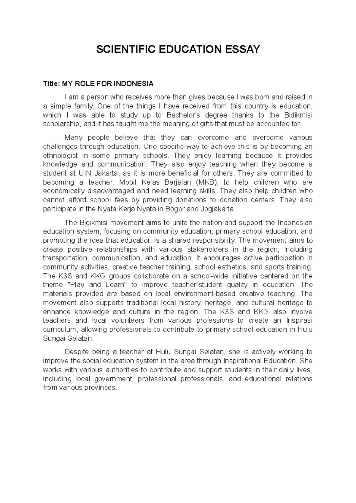 ESAI Pendidikan Ilmiah SCIENTIFIC EDUCATION ESSAY Title MY ROLE FOR