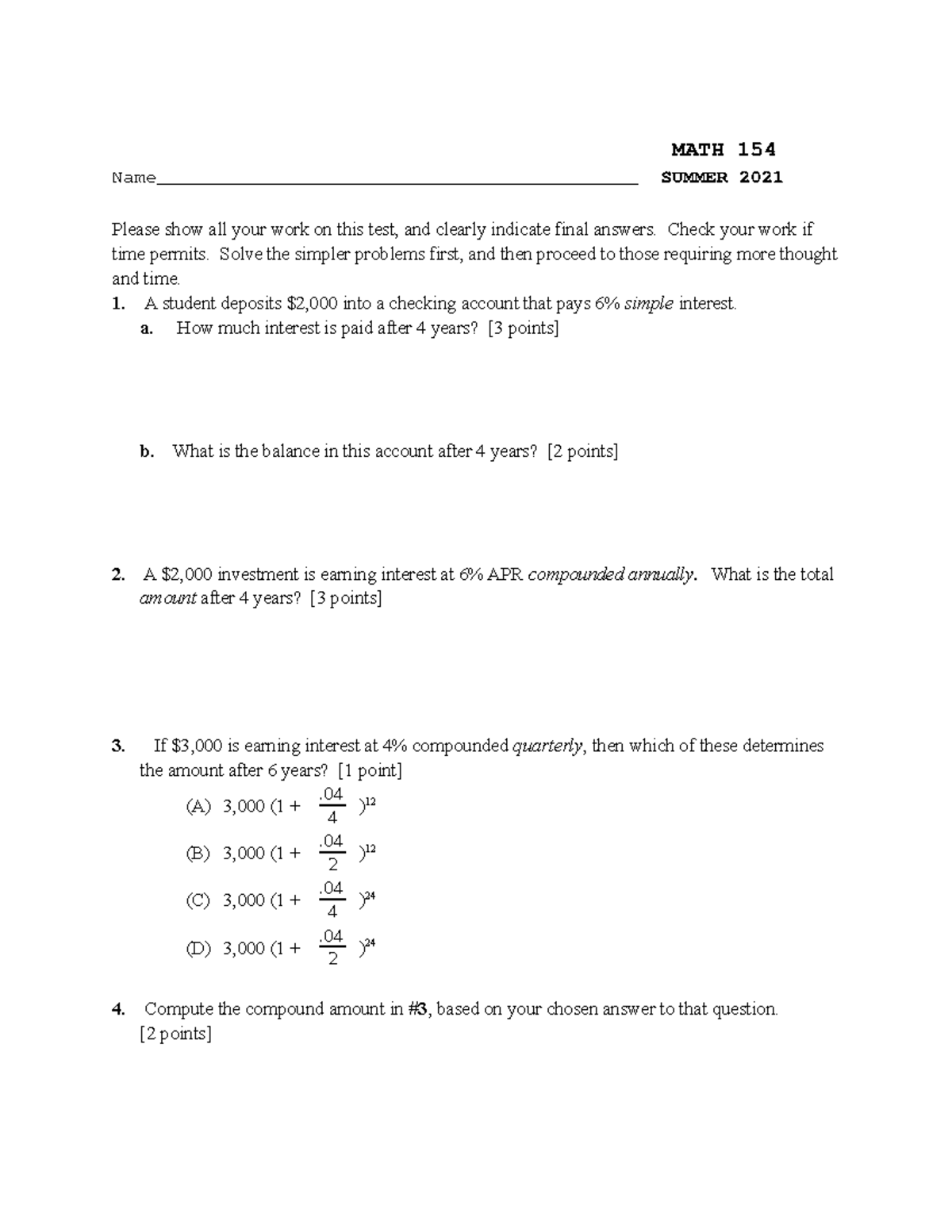 EXAM 1 MATH (Chapter 1 -6) - MATH 154 Name ...