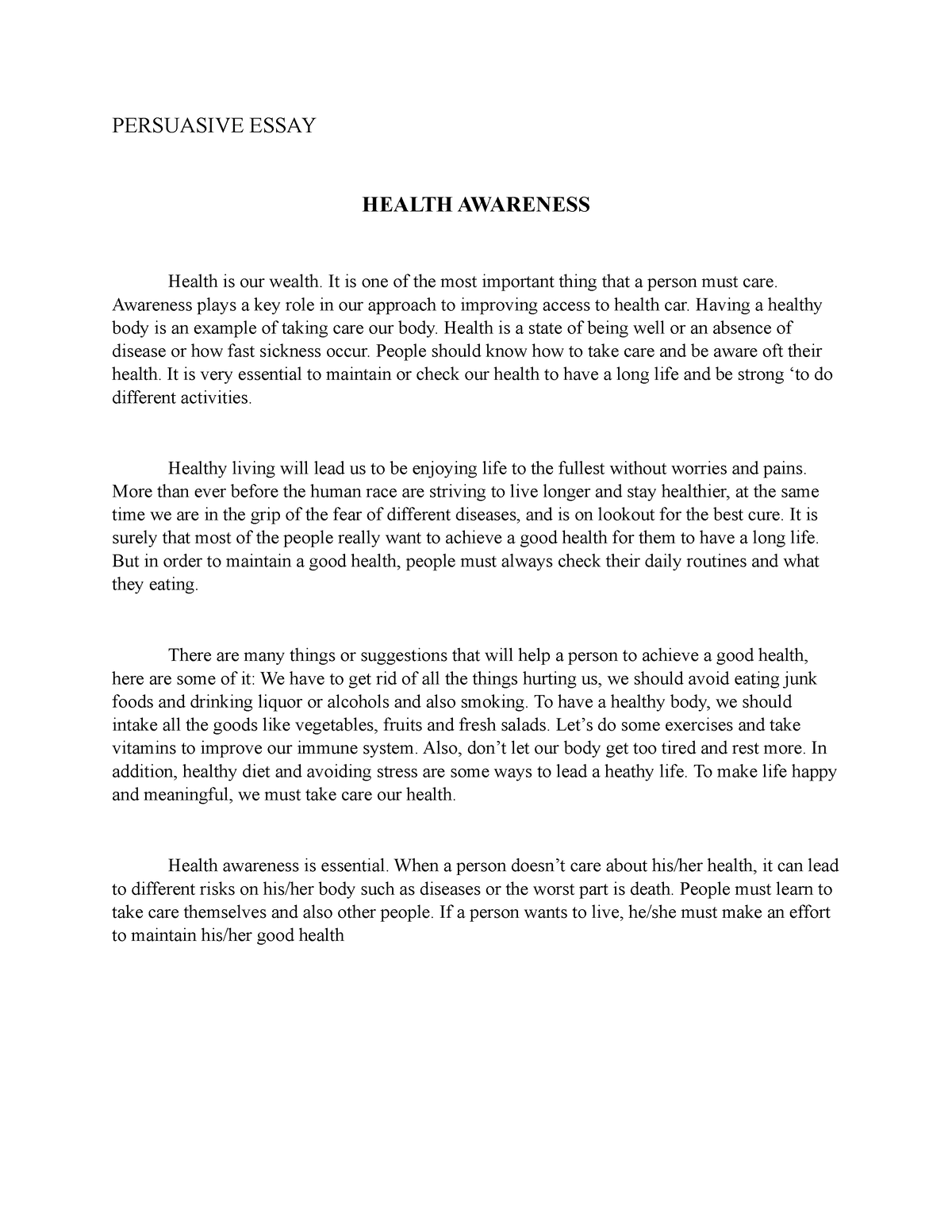 persuasive essay about health awareness introduction body conclusion