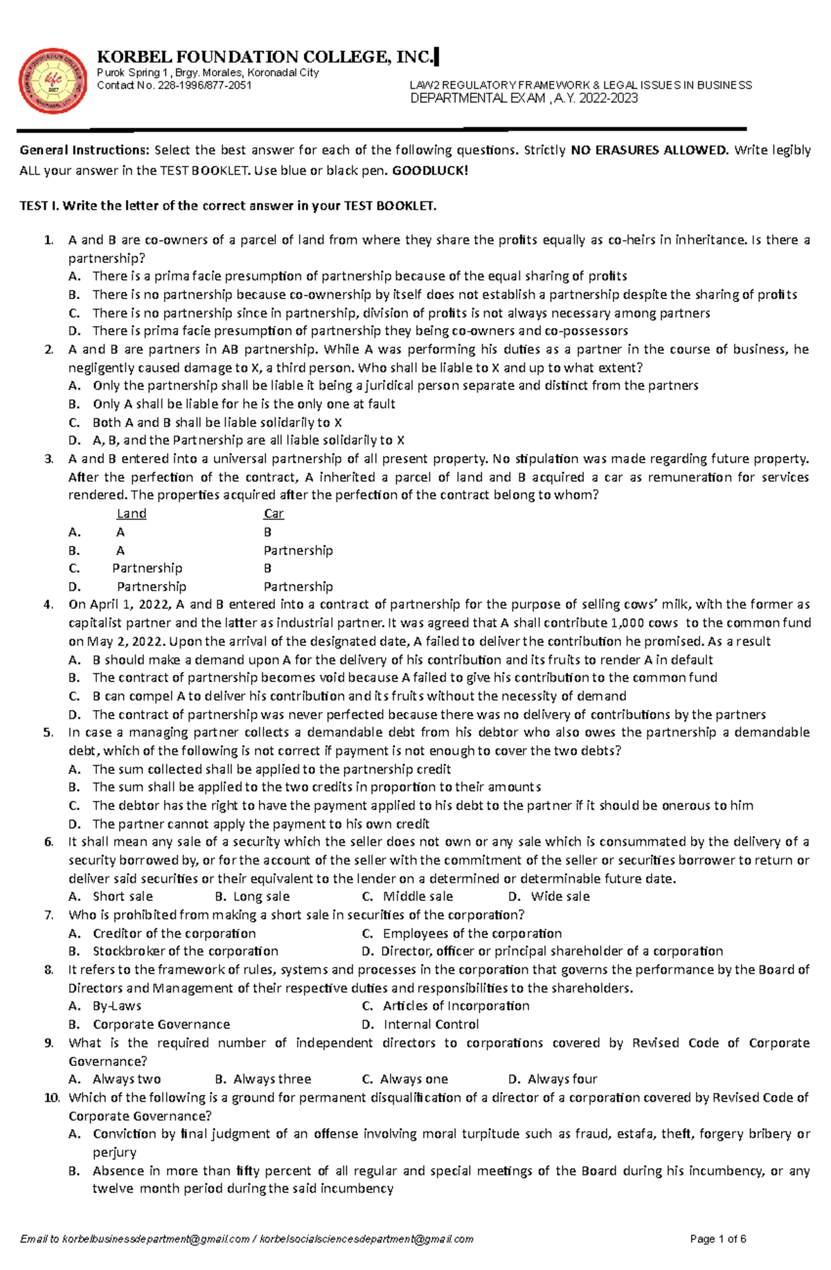 LAW2 Departmental Exam Jan 2023 KORBEL FOUNDATION COLLEGE, INC