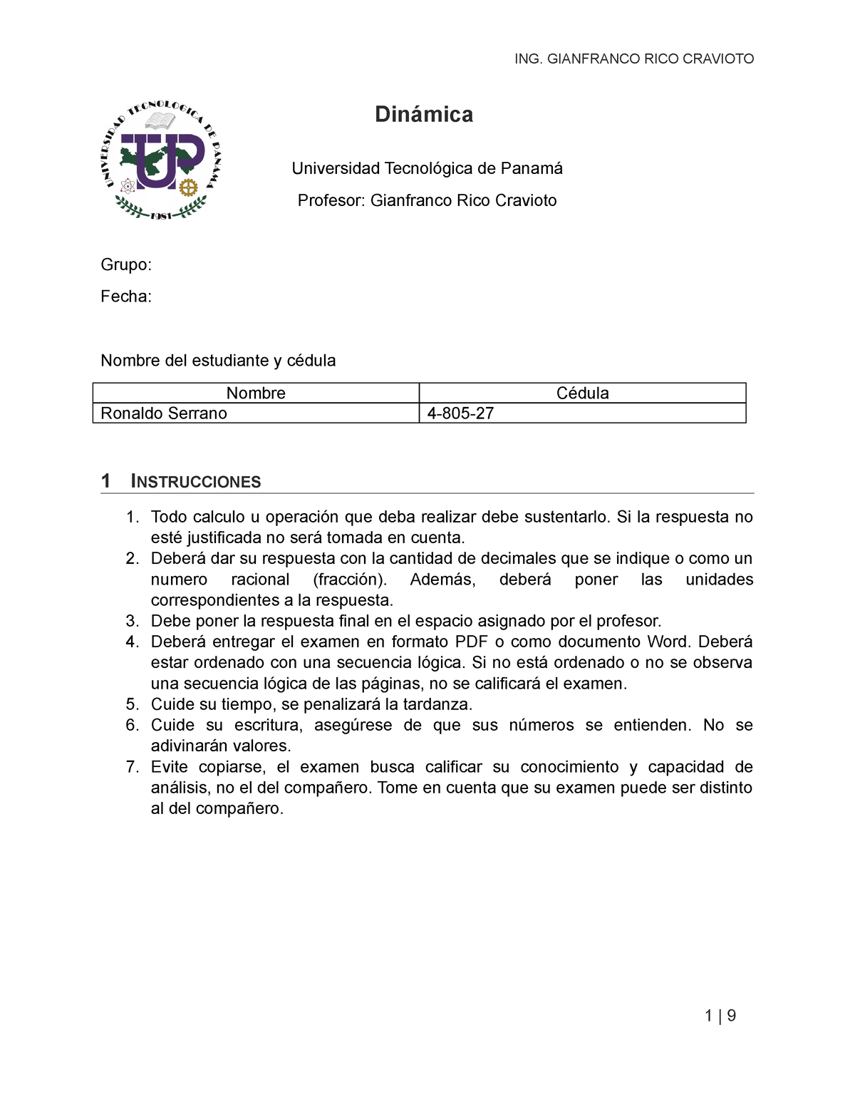 Examen Semestral De Dinamica Universidad Tecnológica - Dinámica ...