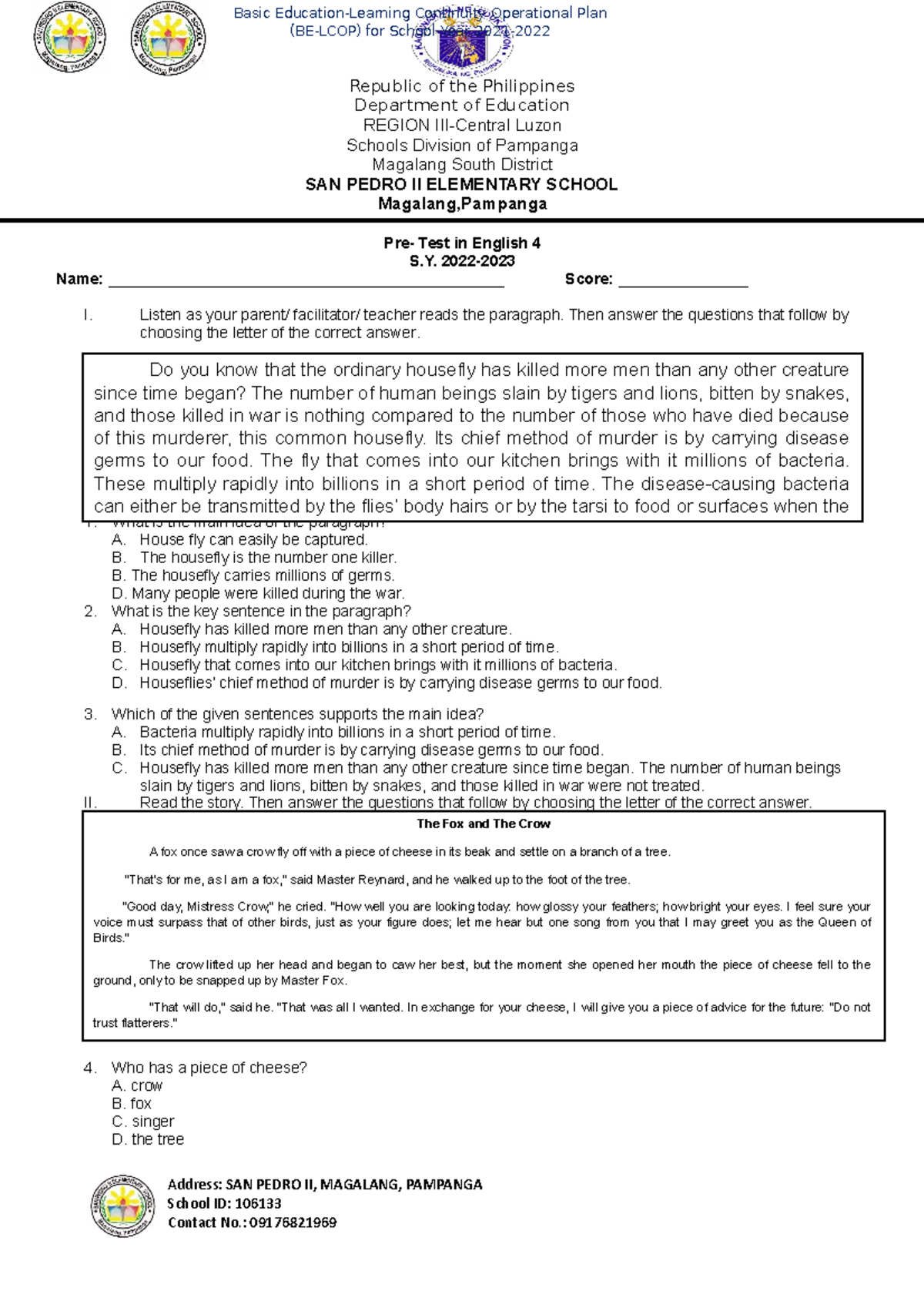Pretest- English - test - Republic of the Philippines Department of ...