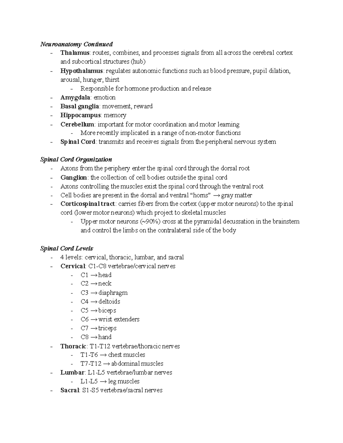 NE 101 Lecture 12 Compiled Notes - Neuroanatomy Continued - Thalamus ...