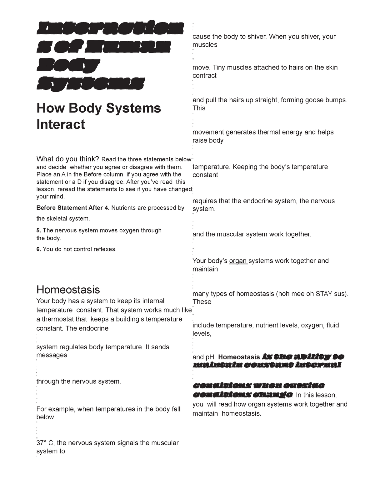 Body Systems Interactions Homeostasis Interaction S Of Human Bod Systems How Body Systems