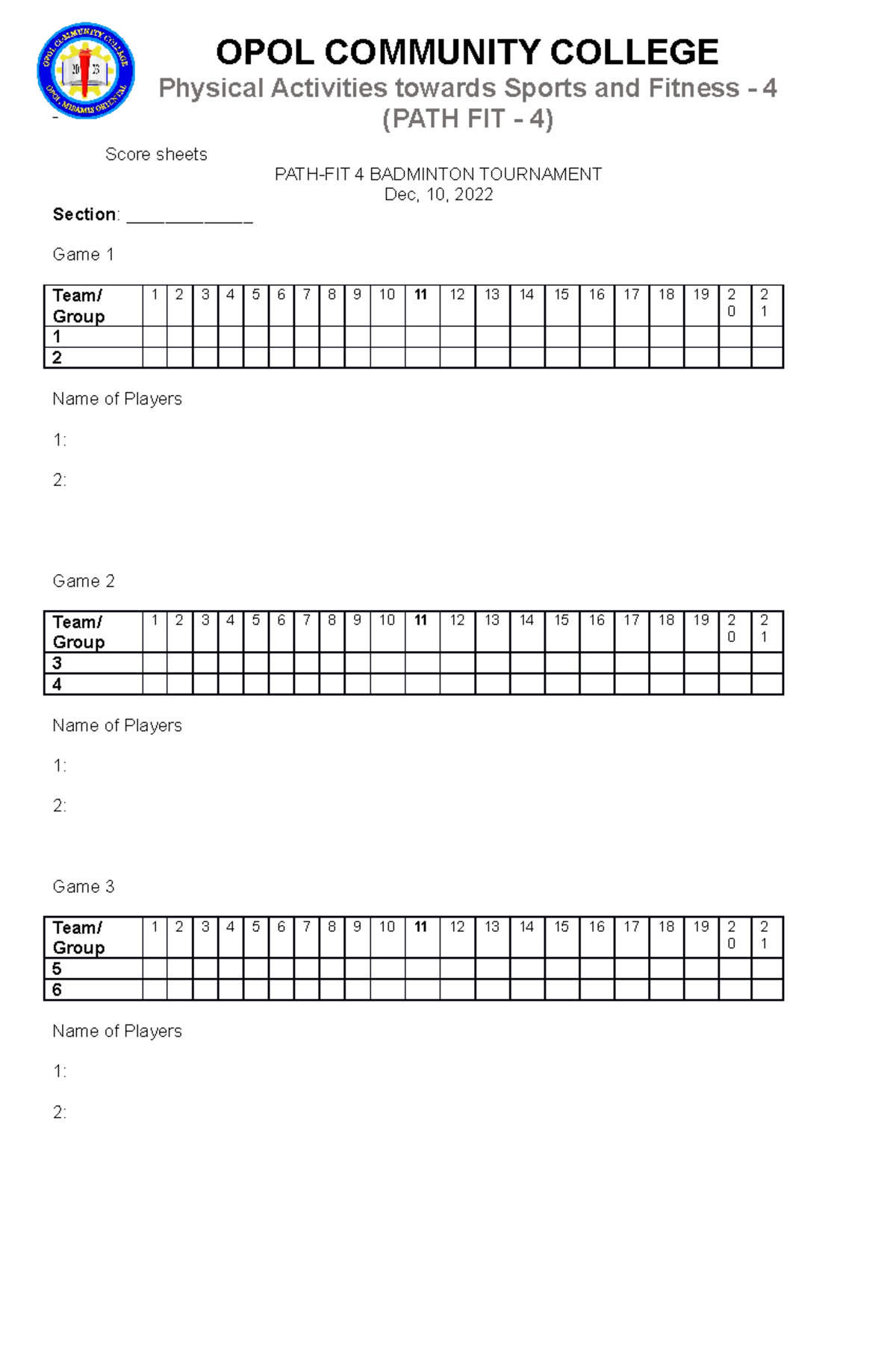 Badminton Tournament Score Sheets LAP 16 Score Sheets PATH FIT 4