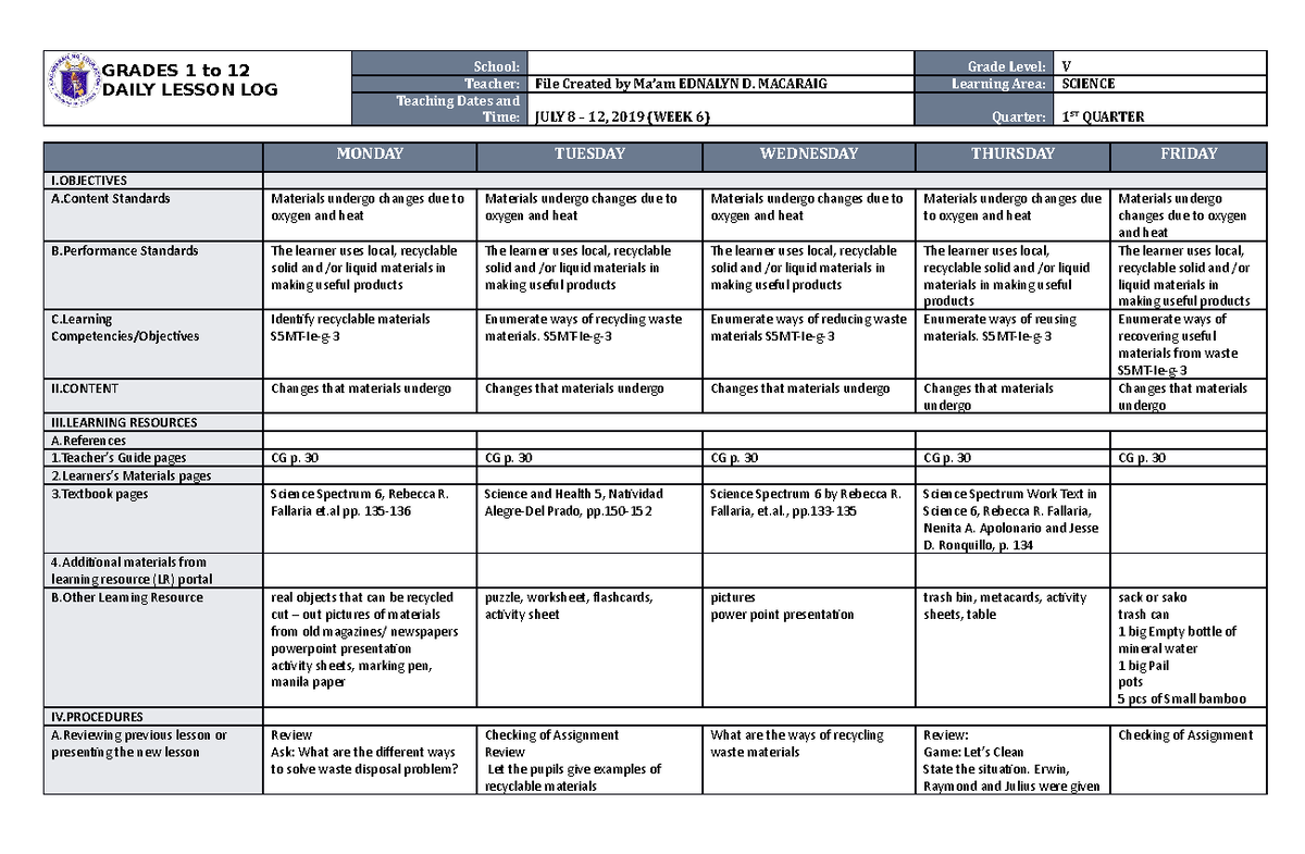 Dll Science 5 Q1 W6 Daily Lesson Log Grades 1 To 12 Daily Lesson