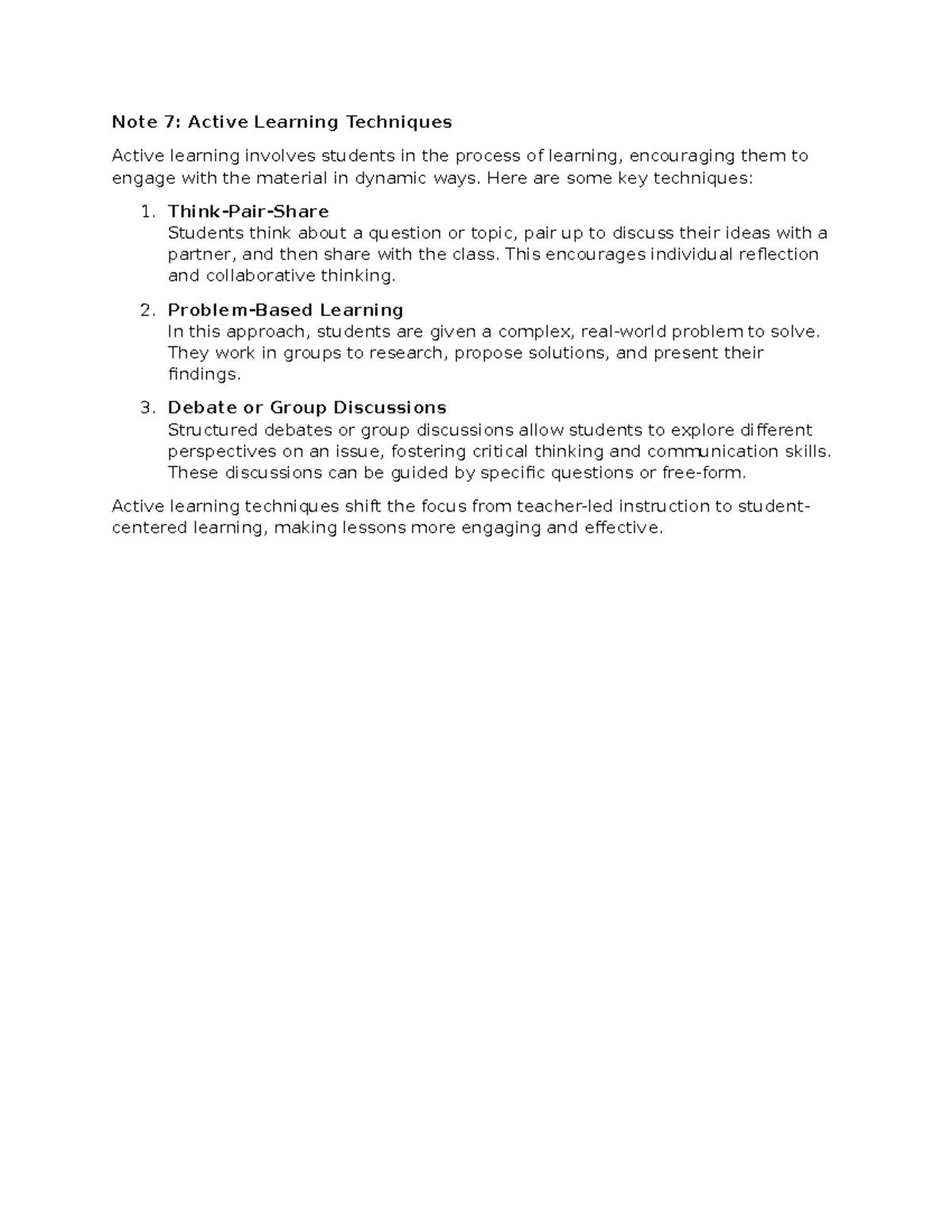 Note 7 - Educational notes - Note 7: Active Learning Techniques Active ...