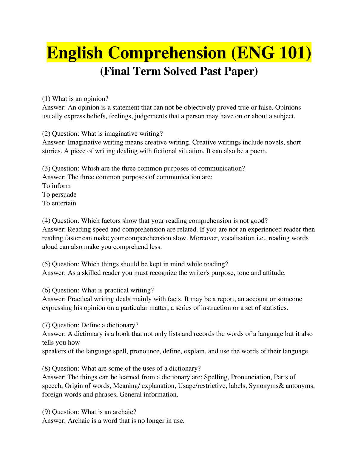 eng101 english comprehension assignment 2 solution