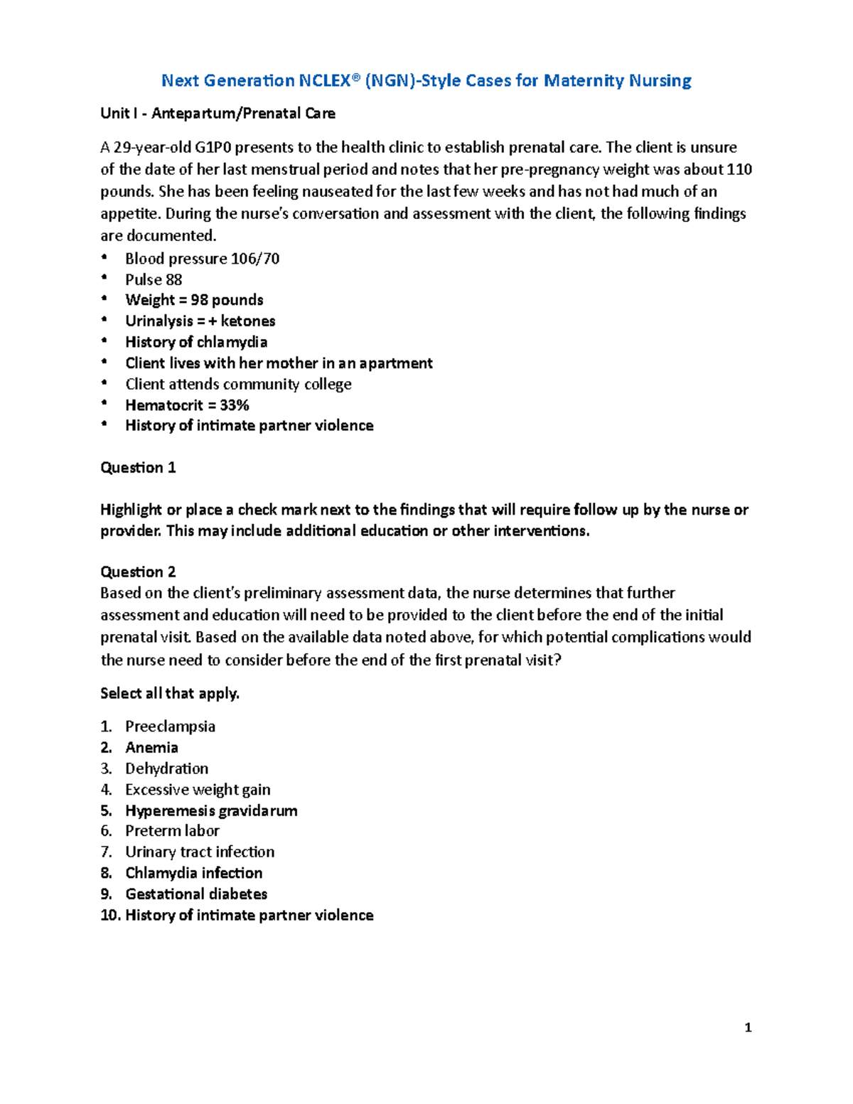 Next Generation Nclex® (NGN)Style Cases for Maternity Nursing Unit 1