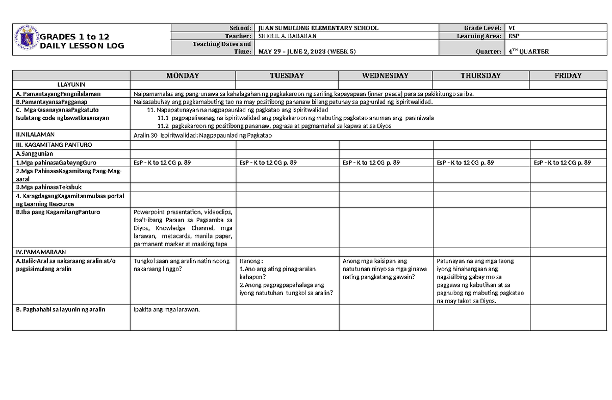 DLL ESP 6 Q4 W5 - JKWRLF - GRADES 1 to 12 DAILY LESSON LOG School: JUAN ...