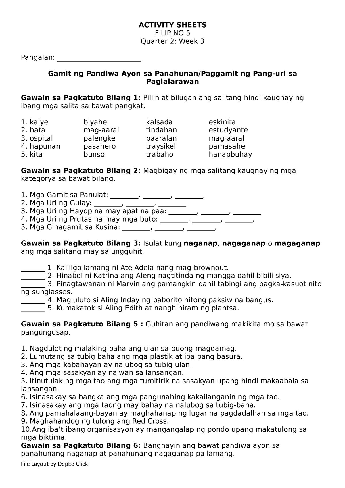 Filipino 5 Activity Sheet Q2 W3 Activity Sheets Filipino 5 Quarter 2 My Xxx Hot Girl 0242