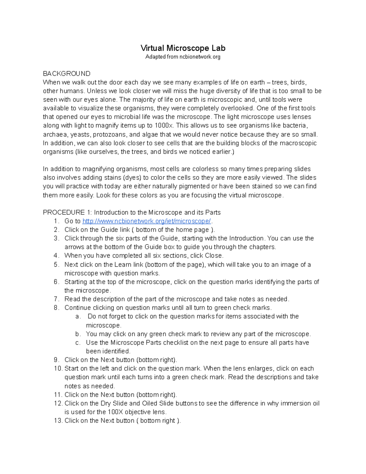 Virtual Microscope Lab Virtual Microscope Lab Adapted from