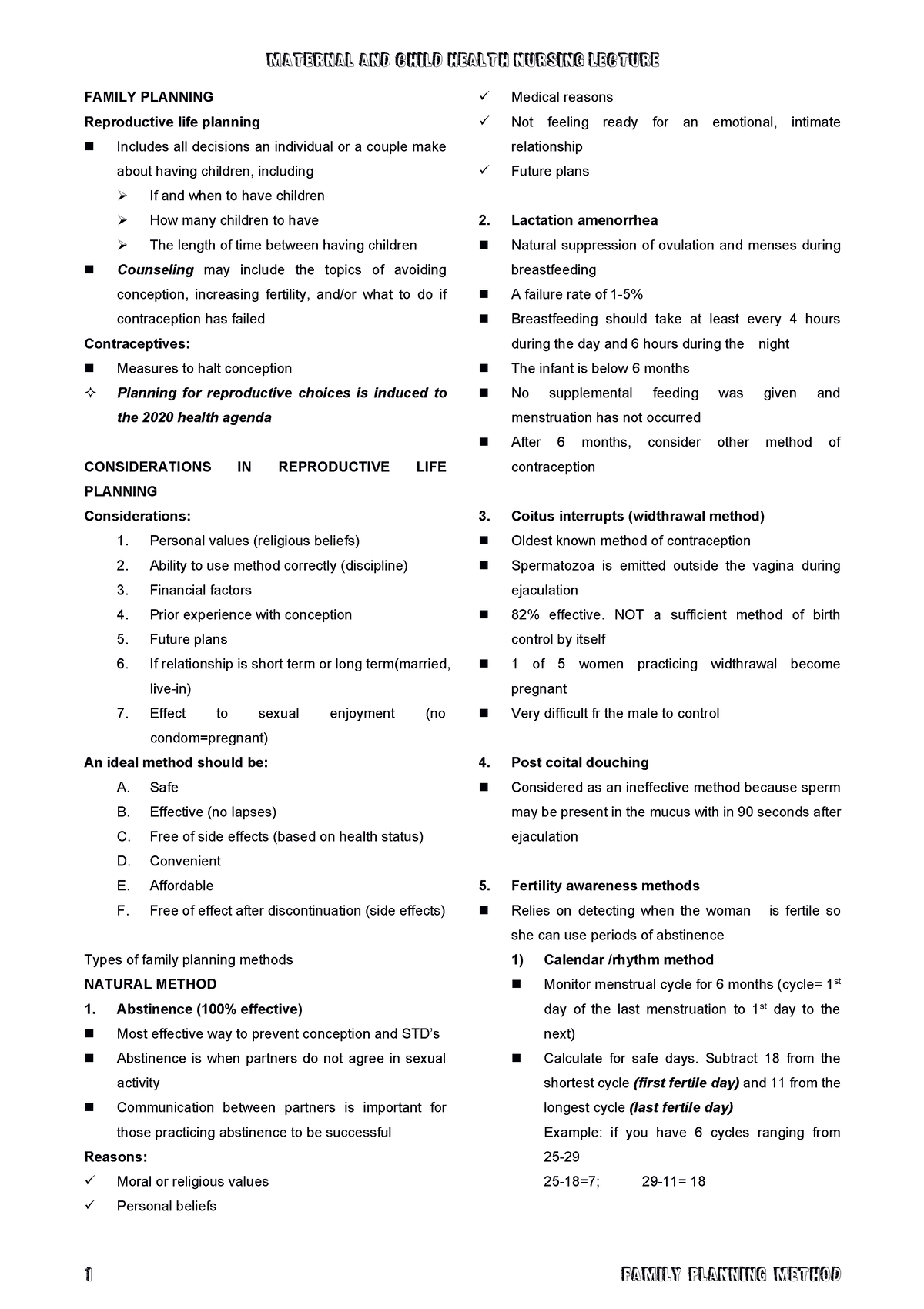 Family Planning - Lecture notes - FAMILY PLANNING Reproductive life ...