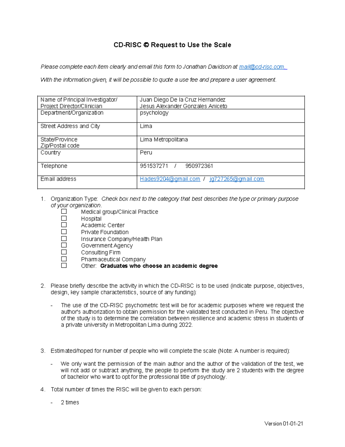 CD-RISC Request to Use the Scale - With the information given, it will ...