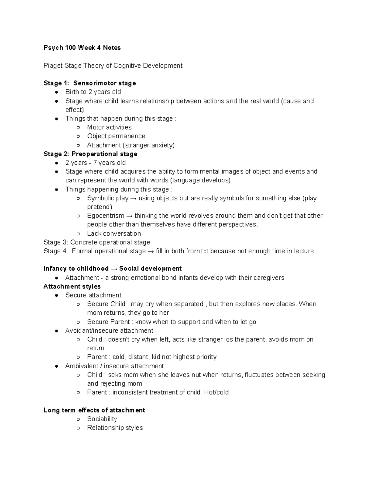 Psych 100 Week 4 Notes - Psch 100 Week 4 Noes Piaget Stage Theory of ...