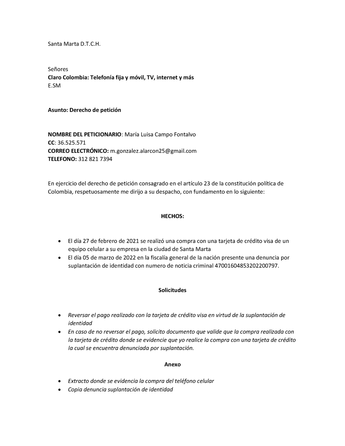 Modelo de derecho de peticion tigo - Santa Marta . SeÒores Claro  Colombia: TelefonÌa fija y - Studocu