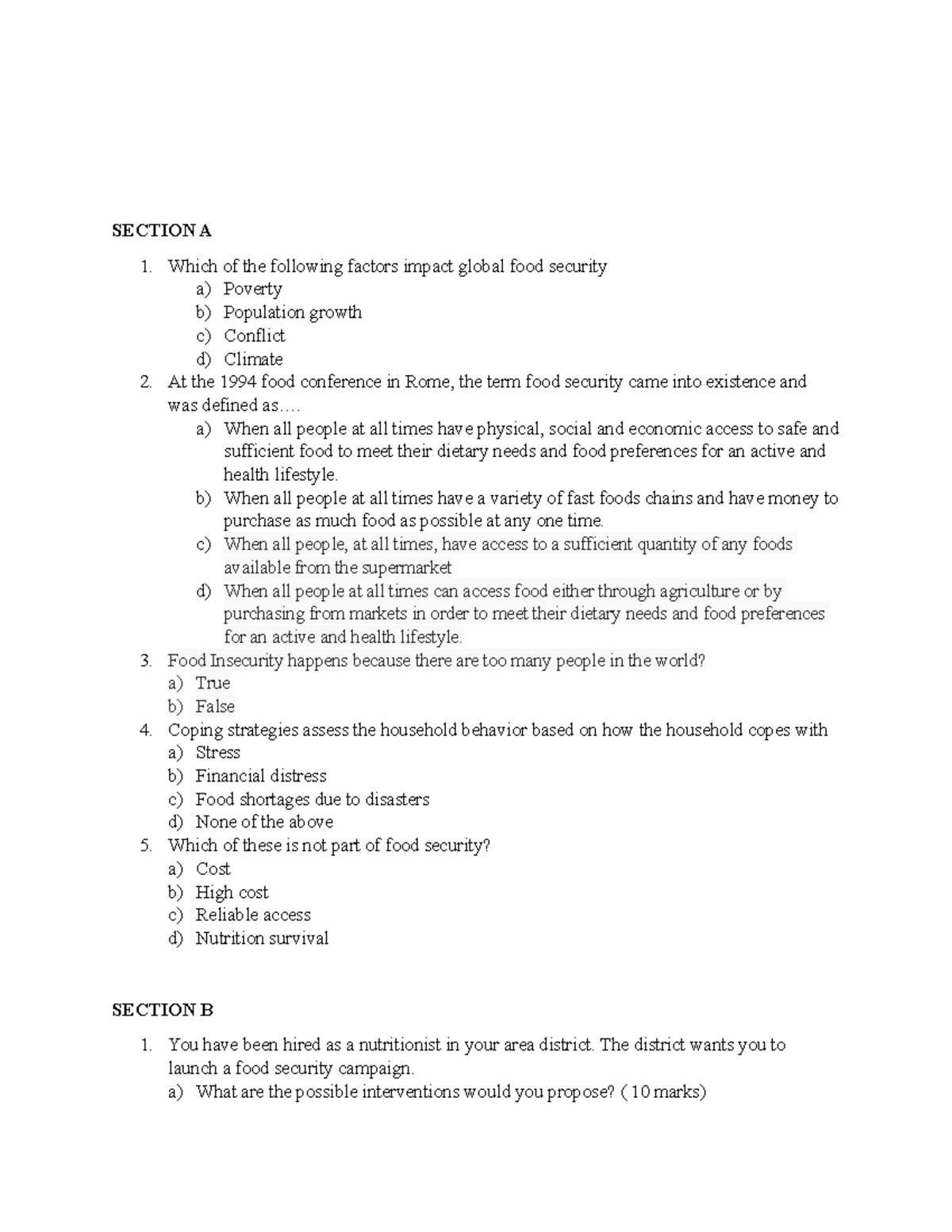 Food security questions SPH - SECTION A Which of the following factors ...