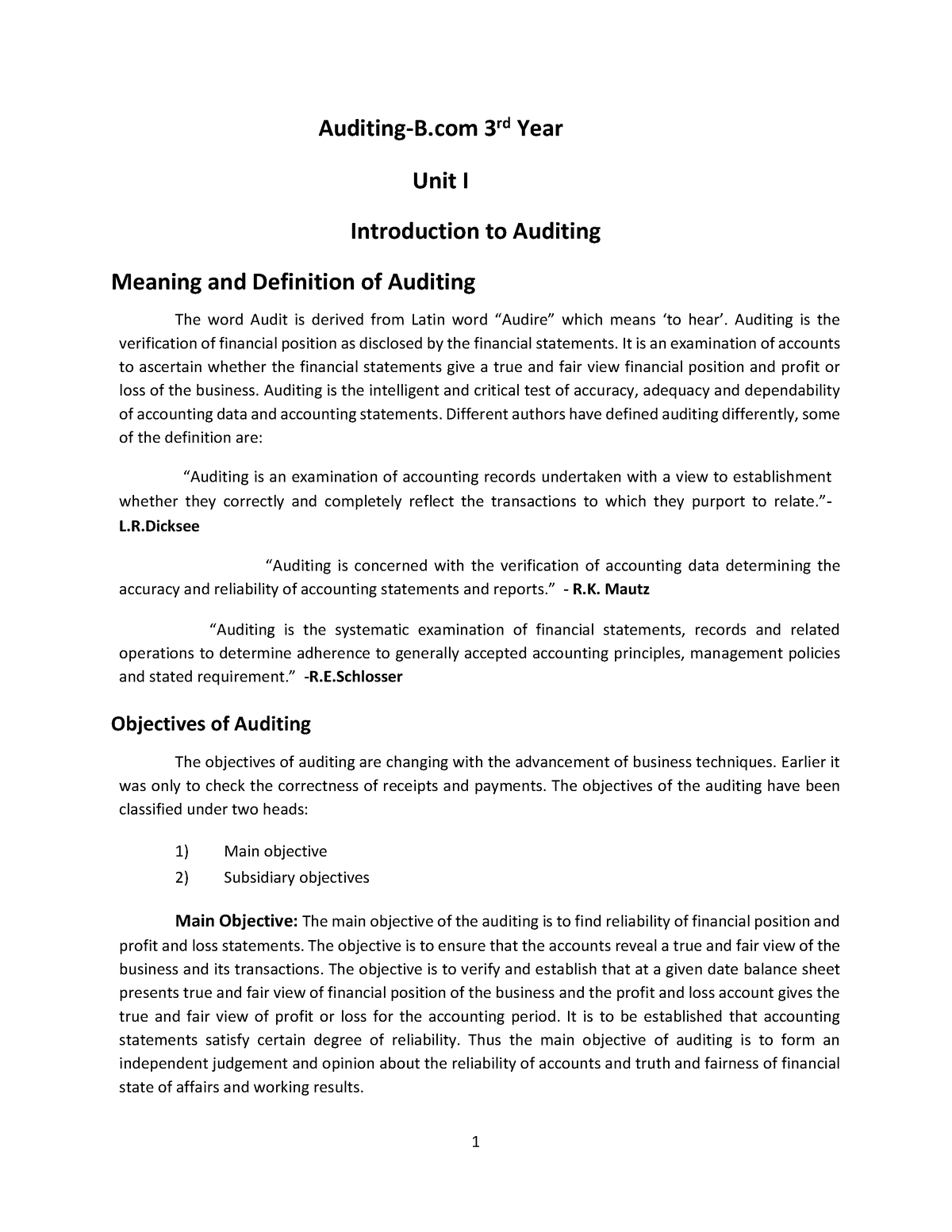 Auditing - Auditing-B 3rd Year Unit I Introduction To Auditing Meaning ...