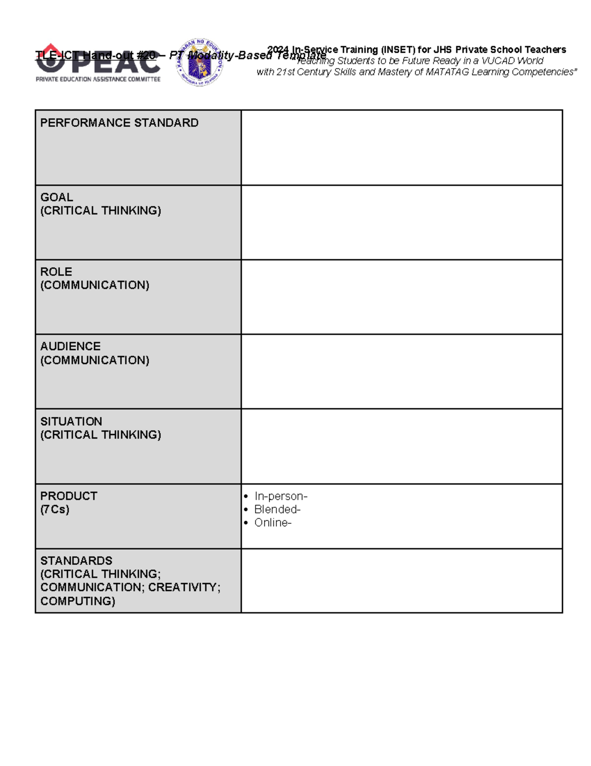 HO20-S4 2024 TLE-ICT PT Modality-Based Template - 2024 In-Service ...