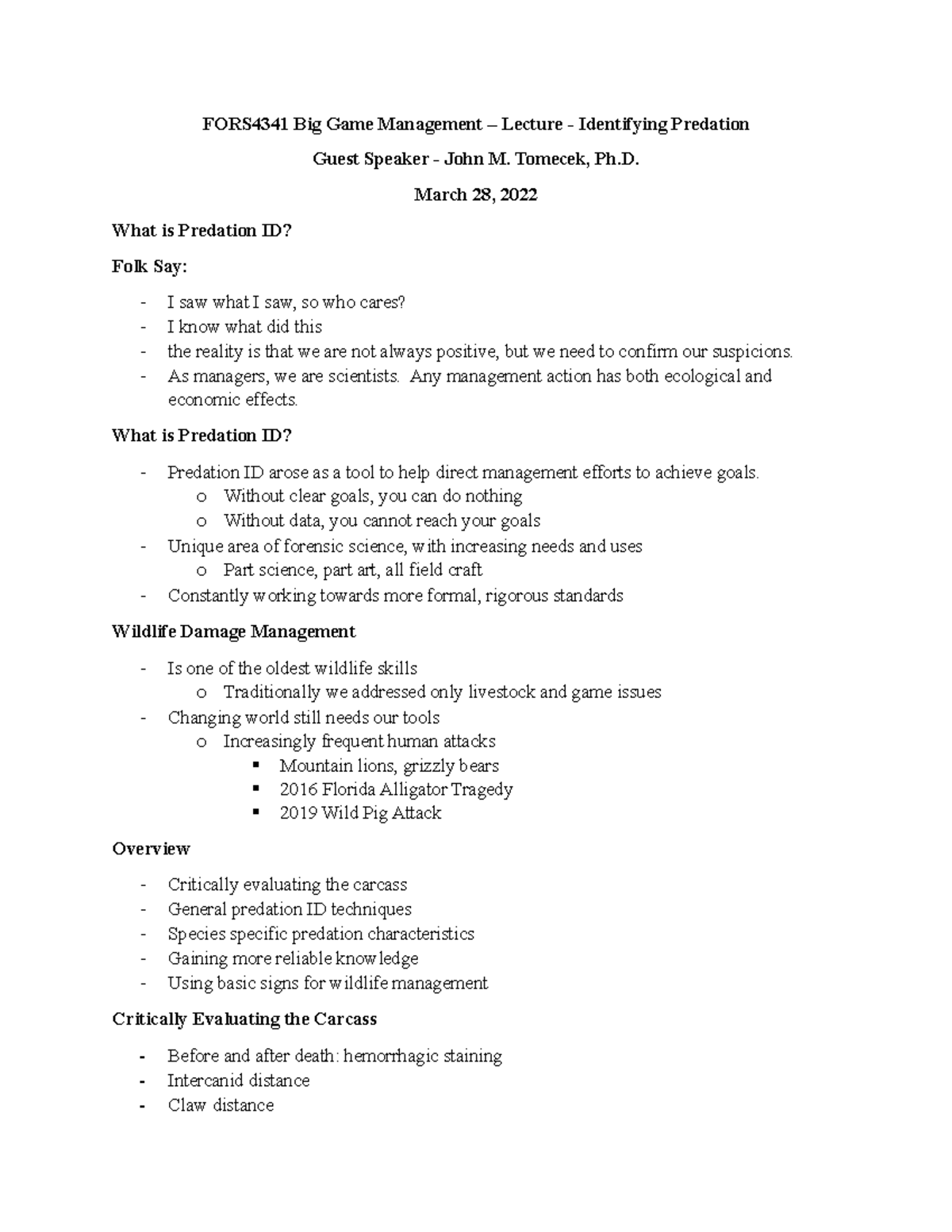 FORS4341 Lecture Identifying Predation - FORS4341 Big Game Management ...