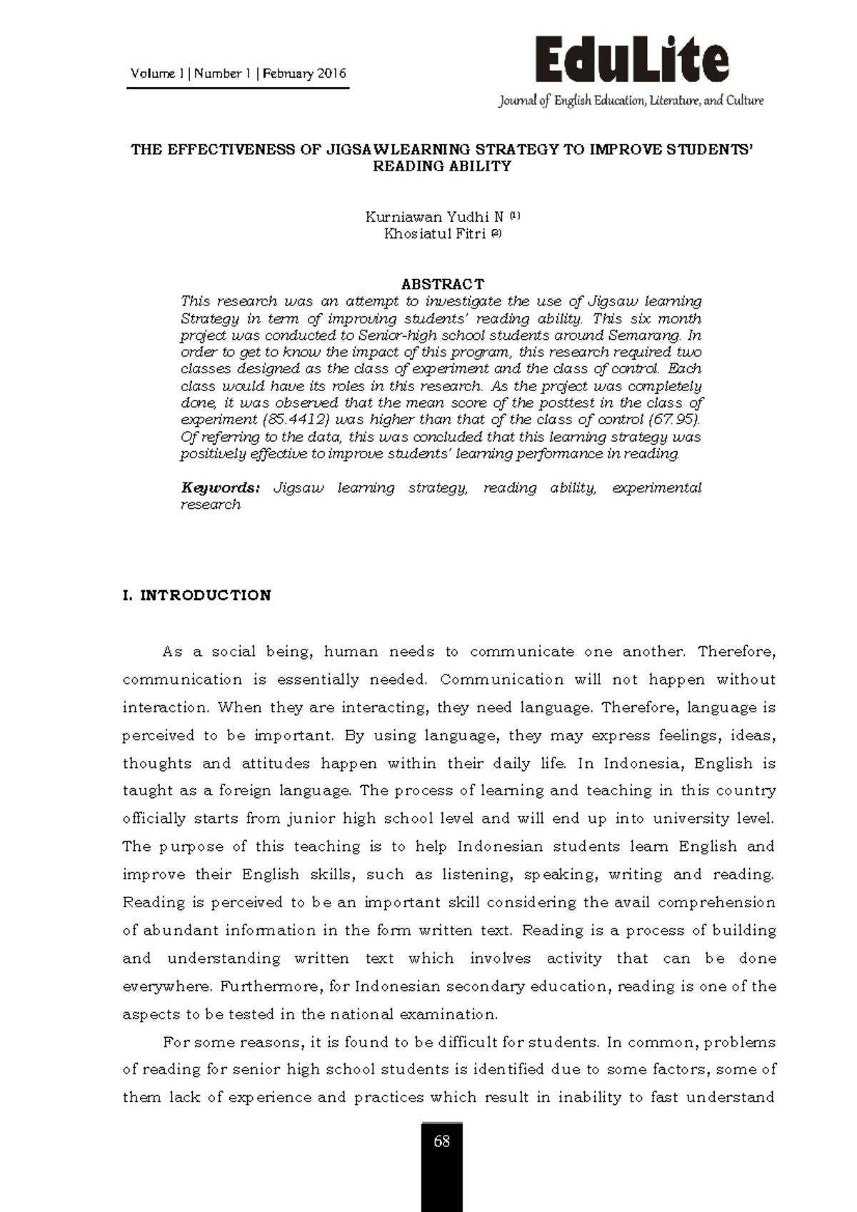 THE Effectiveness OF Jigsaw Learning Strategy TO Improve Studentsâ