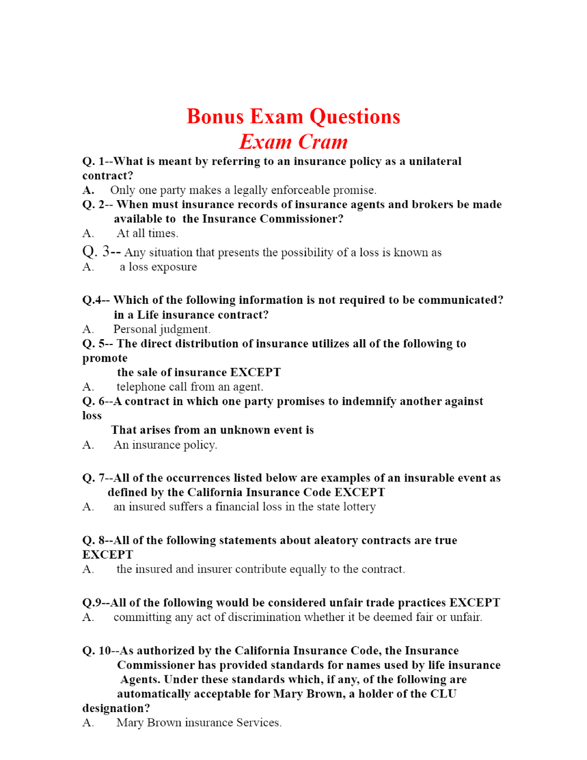 Insurance Exam Questions 2 - Certificate Of Proficiency - Studocu