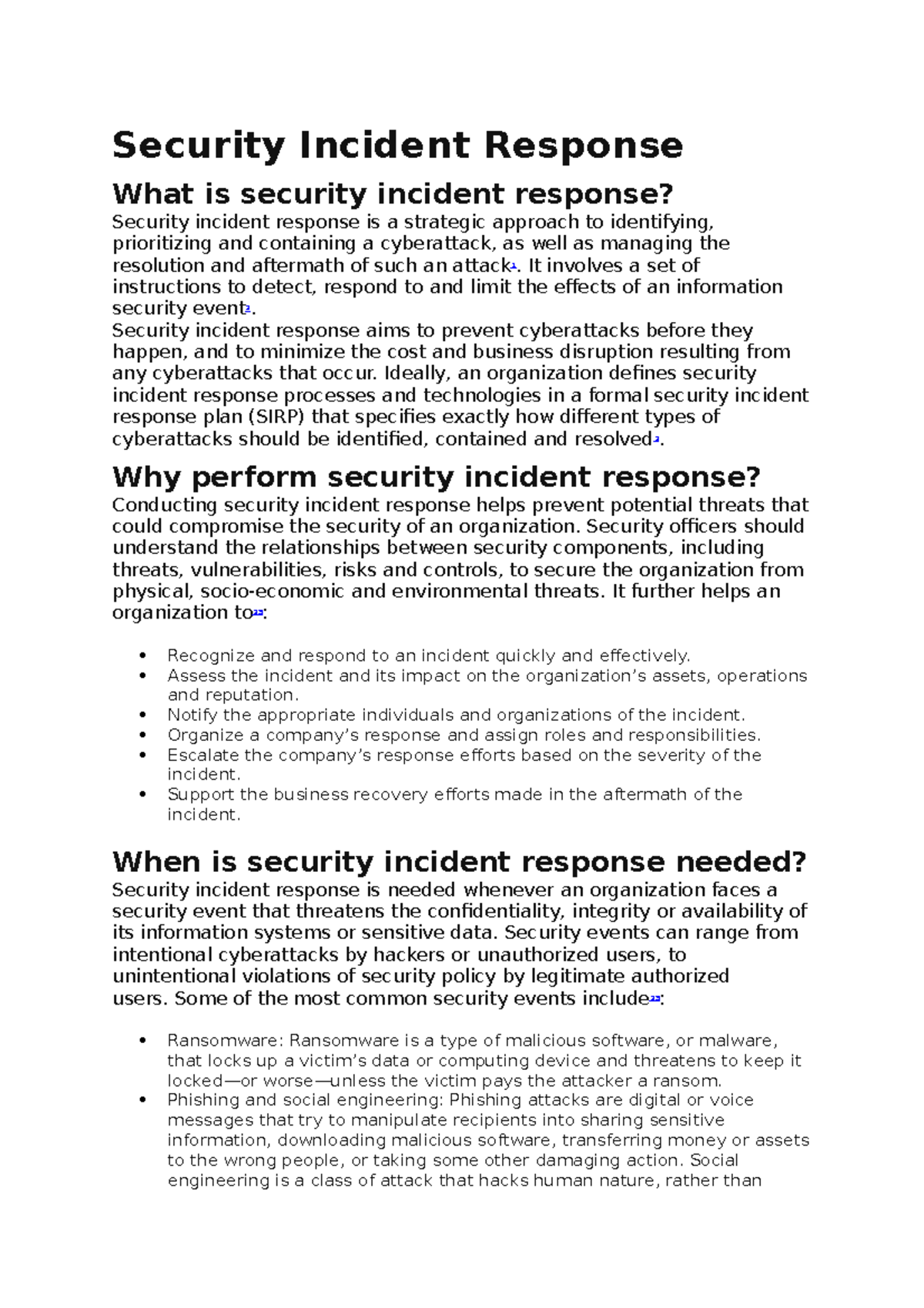 Security Incident Response - It involves a set of instructions to ...