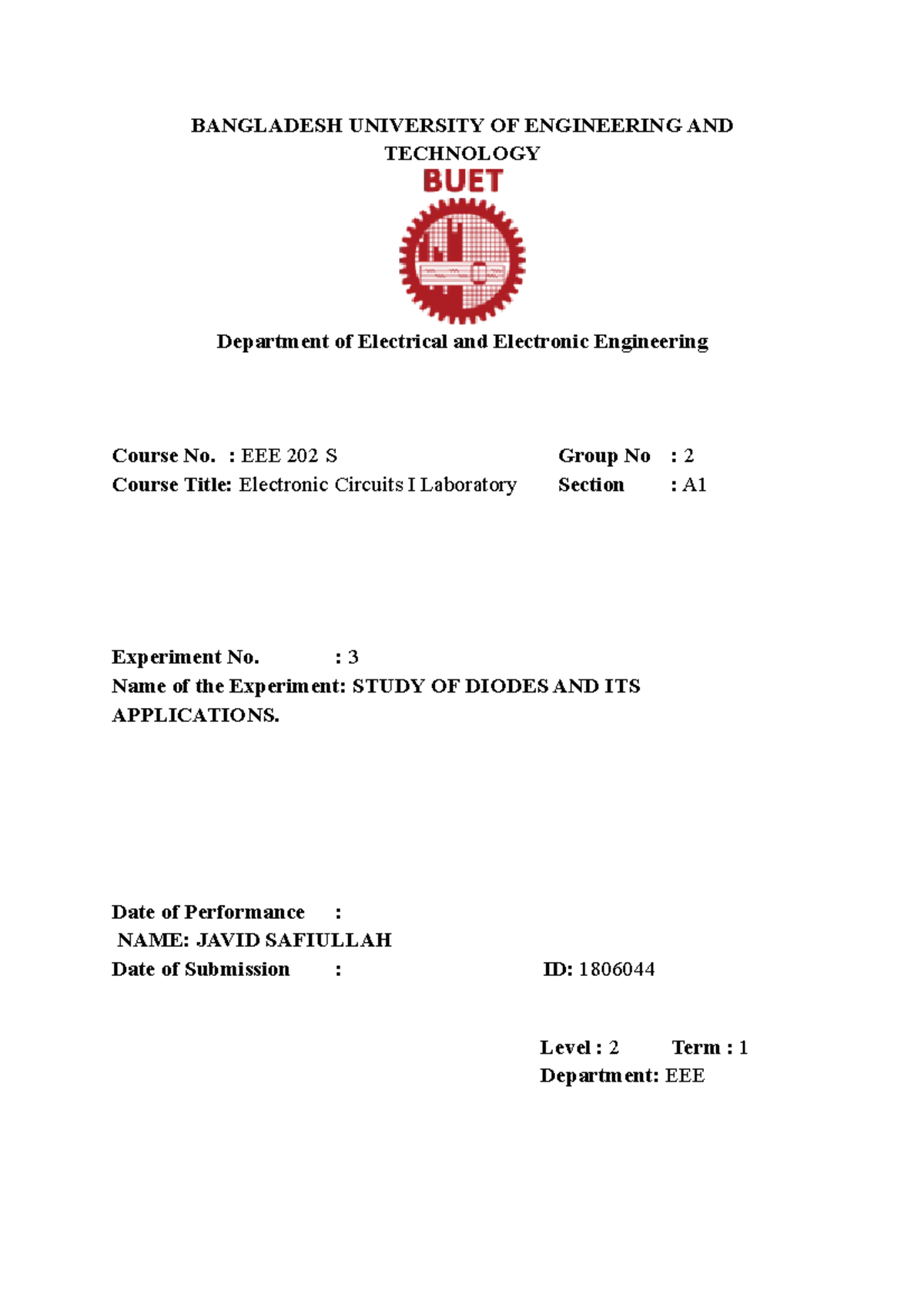 1806044 EEE 202 simulation 1 - BANGLADESH UNIVERSITY OF ENGINEERING AND ...