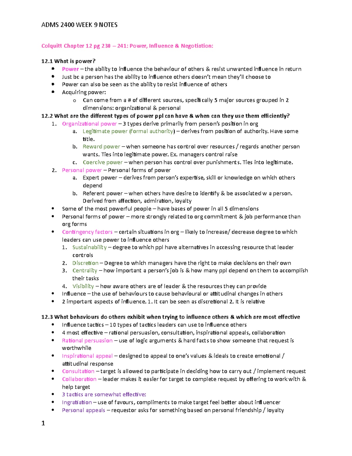ADMS 2400 week 9 notes - ADMS 2400 WEEK 9 NOTES Colquitt Chapter 12 pg ...