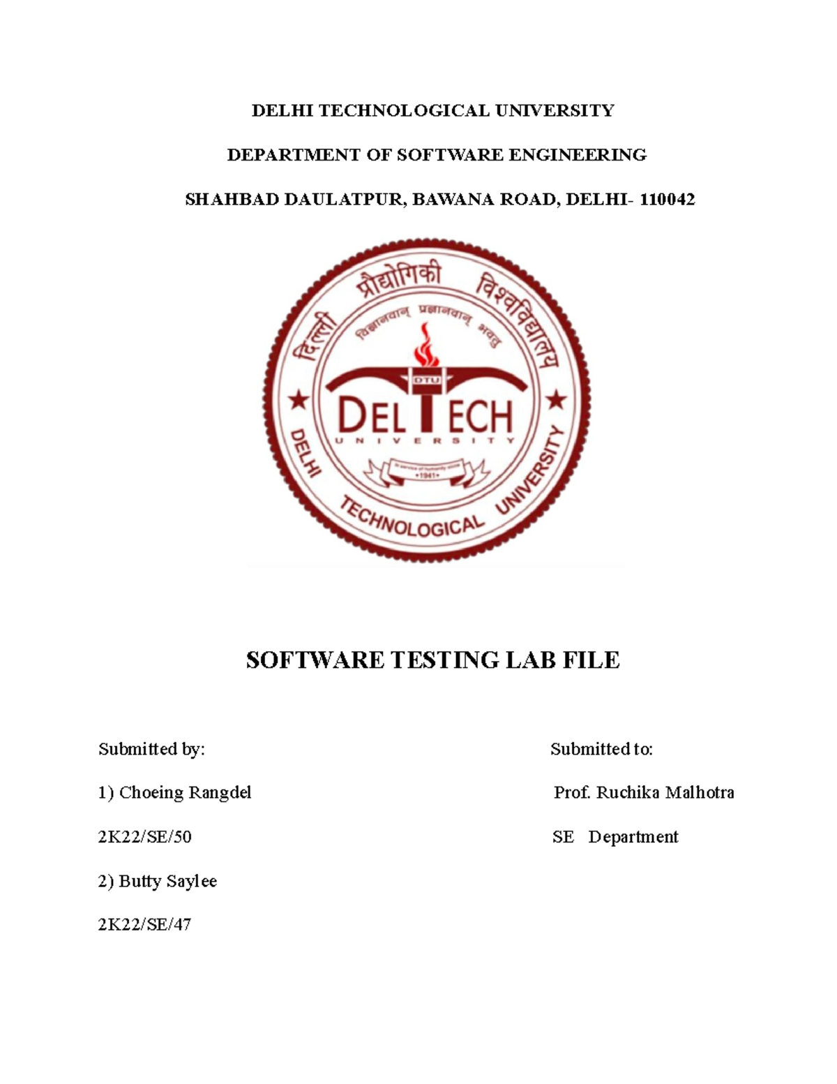 ST Labfile - Lab file - DELHI TECHNOLOGICAL UNIVERSITY DEPARTMENT OF ...