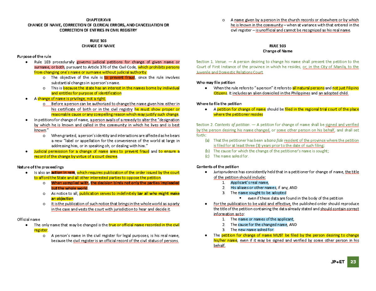 Rile 103, 108 - dddddddd - CHAPTER XVII CHANGE OF NAME, CORRECTION OF ...