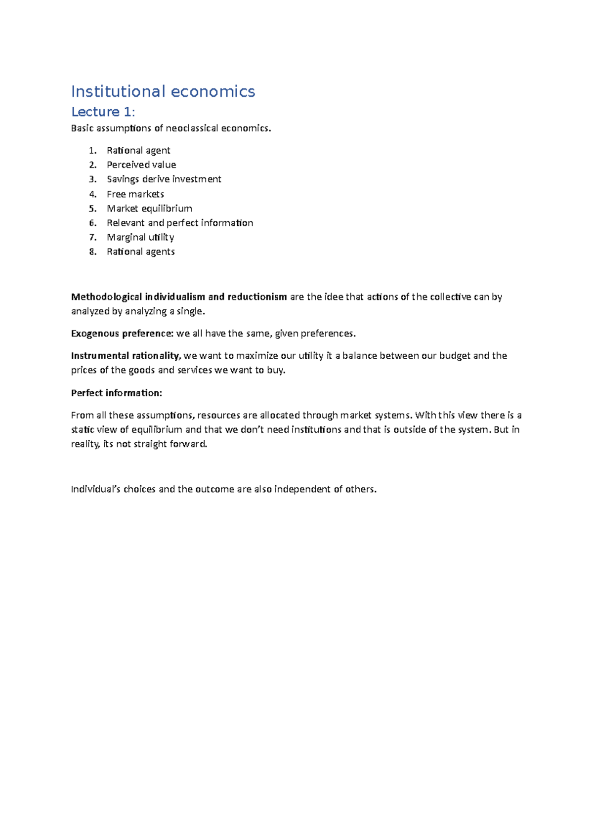 Institutional Economics Institutional Economics Lecture 1 Basic Assumptions Of Neoclassical