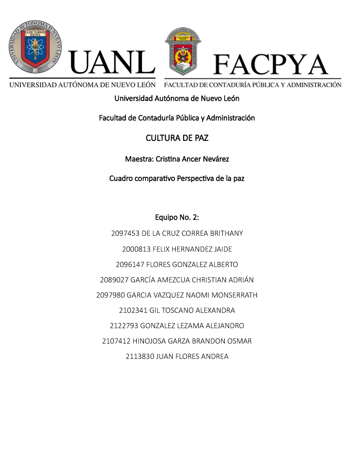 Cultura De Paz Act 1 Actividad 11 Universidad Autónoma De Nuevo León Facultad De Contaduría 6326