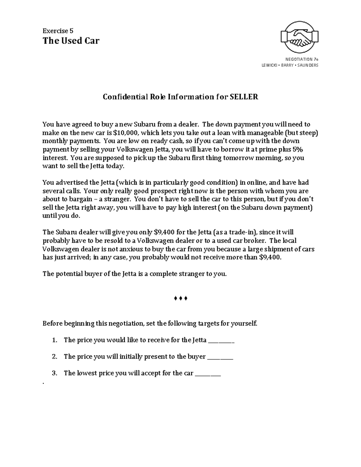 Exercise 5-Used Car Role-Seller - Exercise 5 The Used Car NEGOTIATION ...