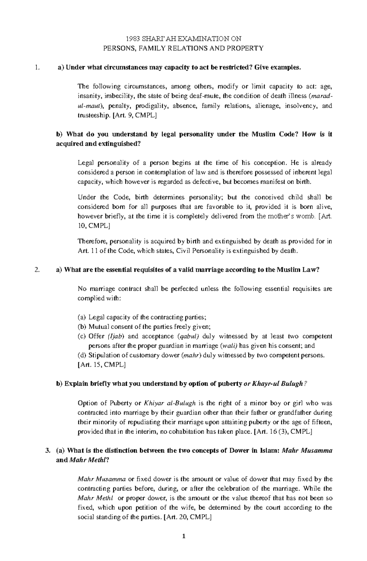 Persons-QA - Lecture notes 1 - 1983 SHARI’AH EXAMINATION ON PERSONS ...