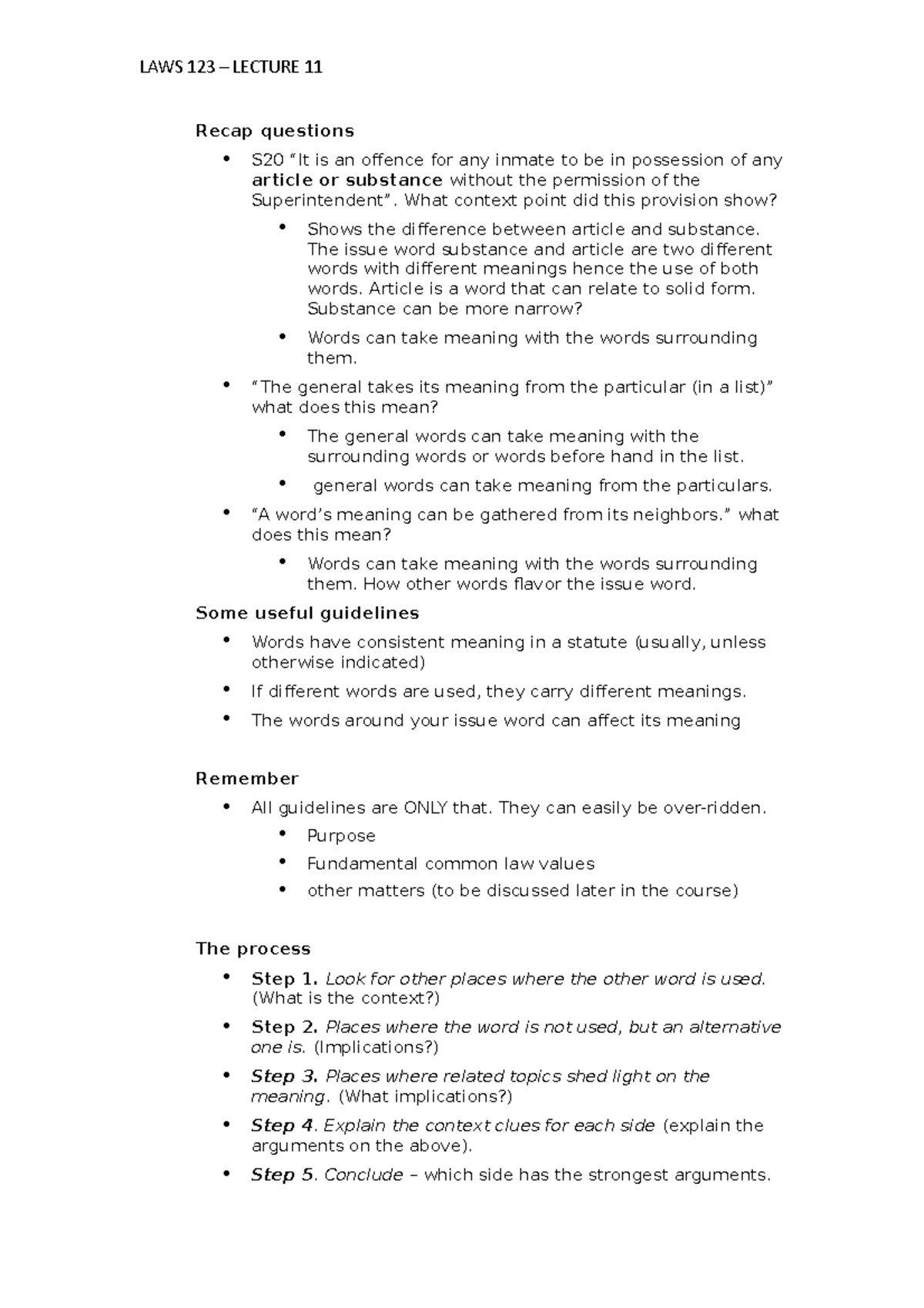 LAWS 123 Lecture 11 Recap questions S20 “It is an offence for any