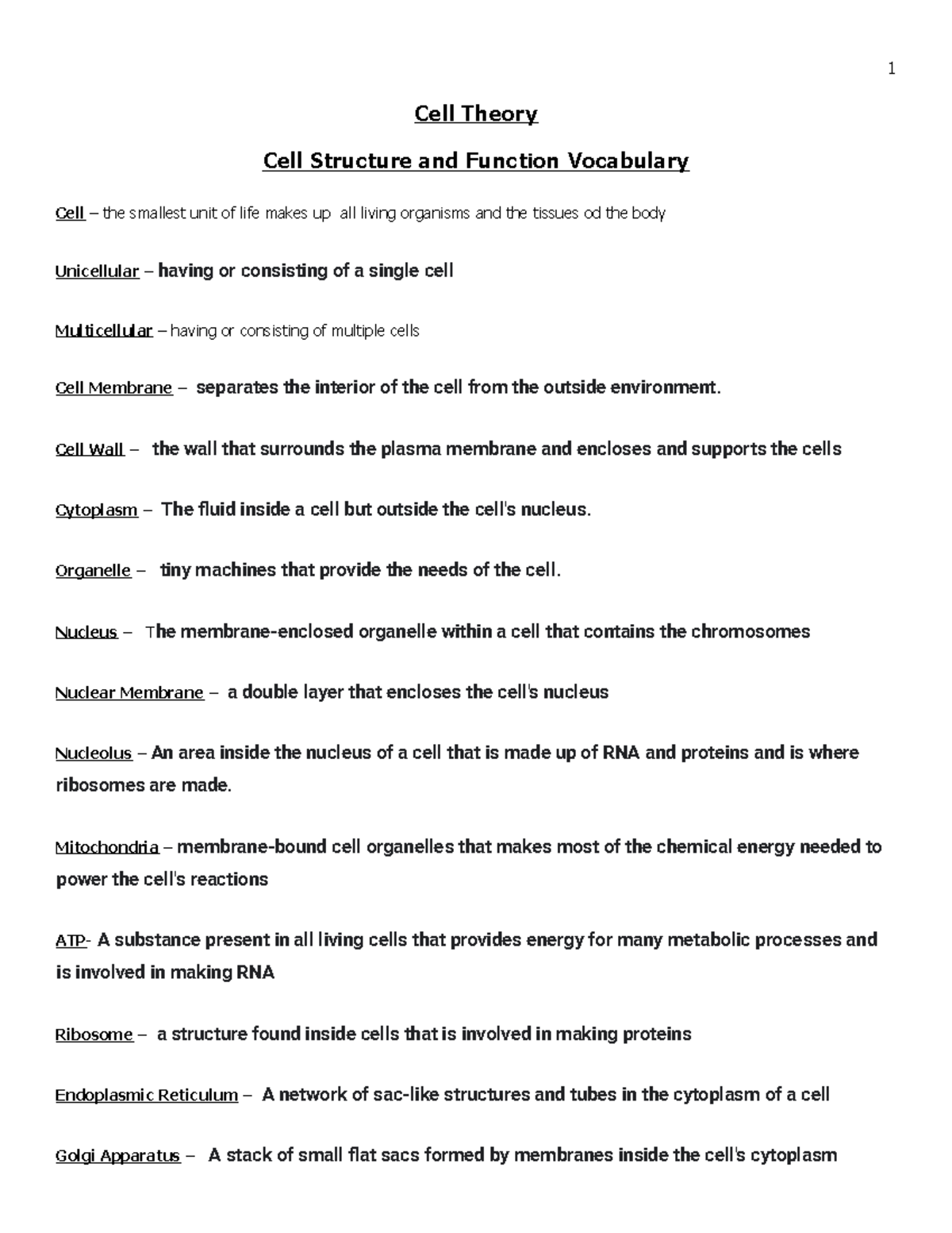 Copy of Cell Vocab - asdasdasd - 1 Cell Theory Cell Structure and ...