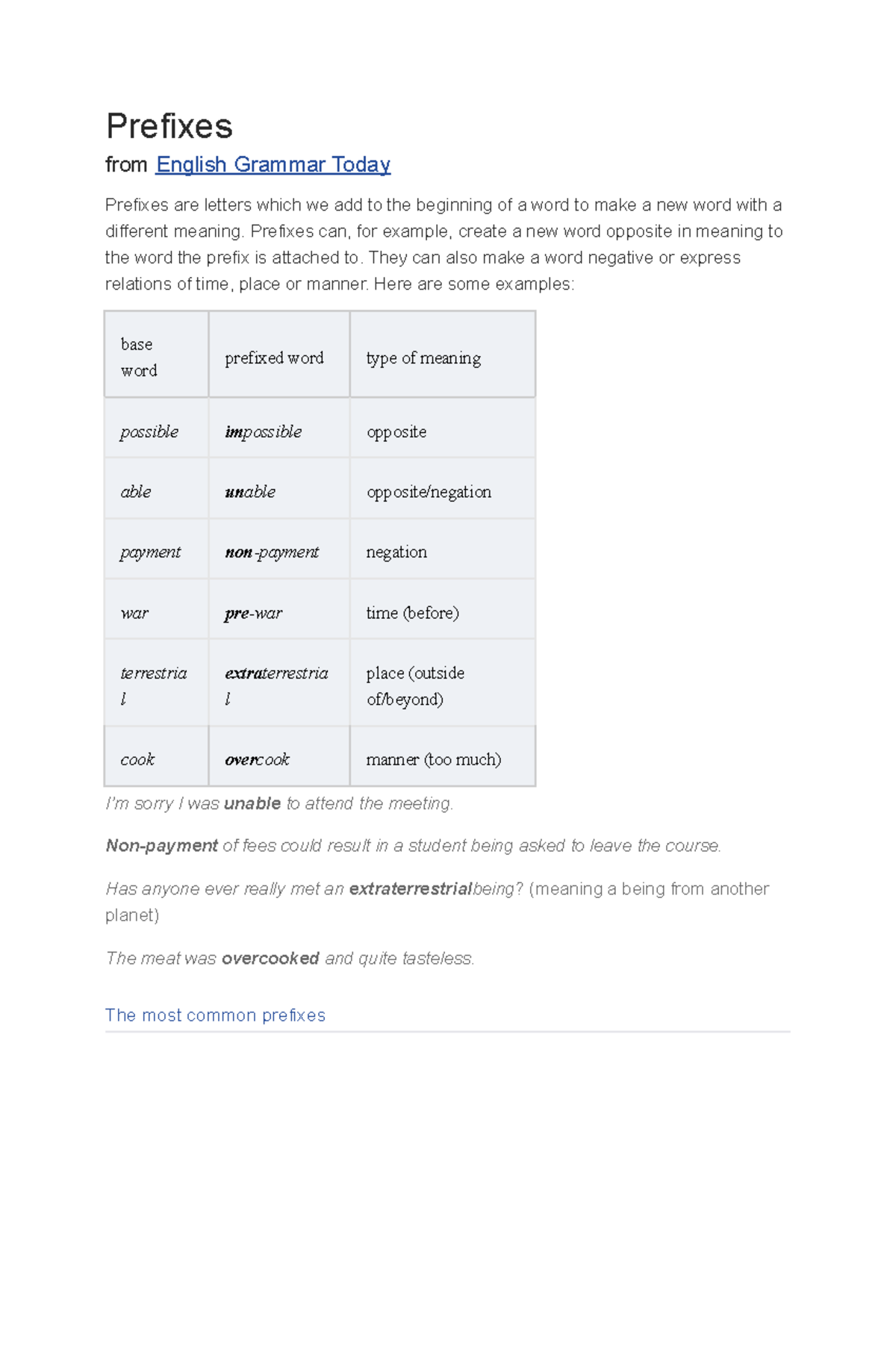 Prefixes - lectures materials - Prefixes from English Grammar Today ...