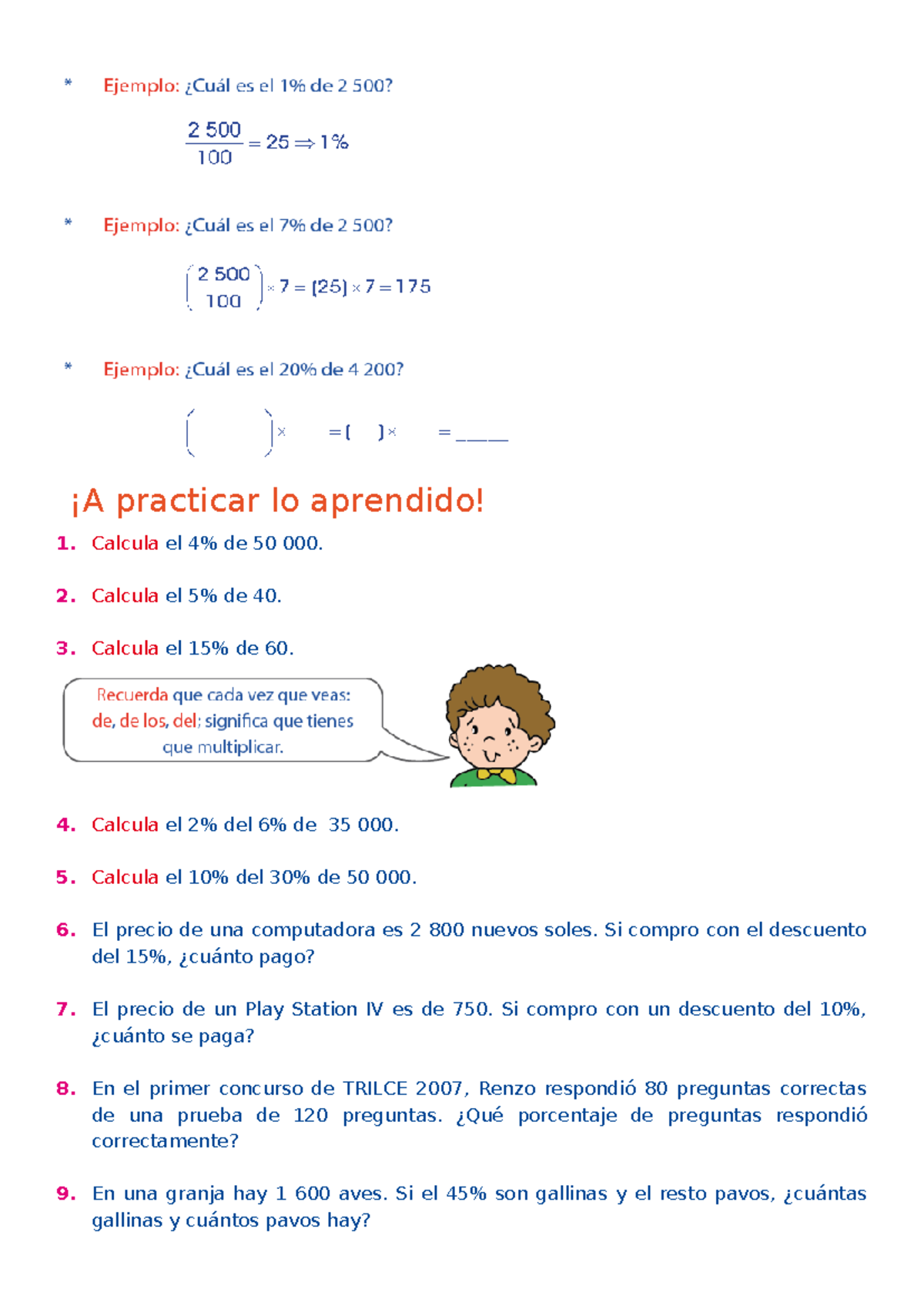 Ficha 2 Sobre Porcentajes - ¡A practicar lo aprendido! 1. Calcula el 4%