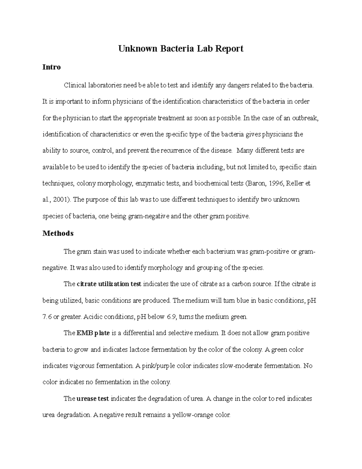 example of unknown bacteria lab report