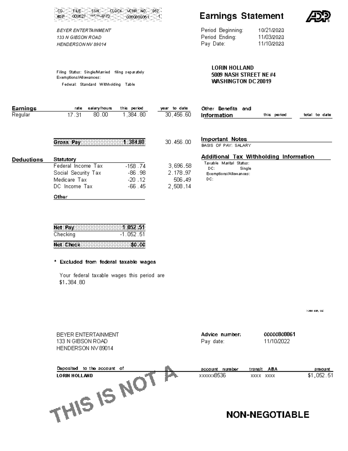 L Holland PP22 - statement - NON-NEGOTIABLE account number transit ABA ...