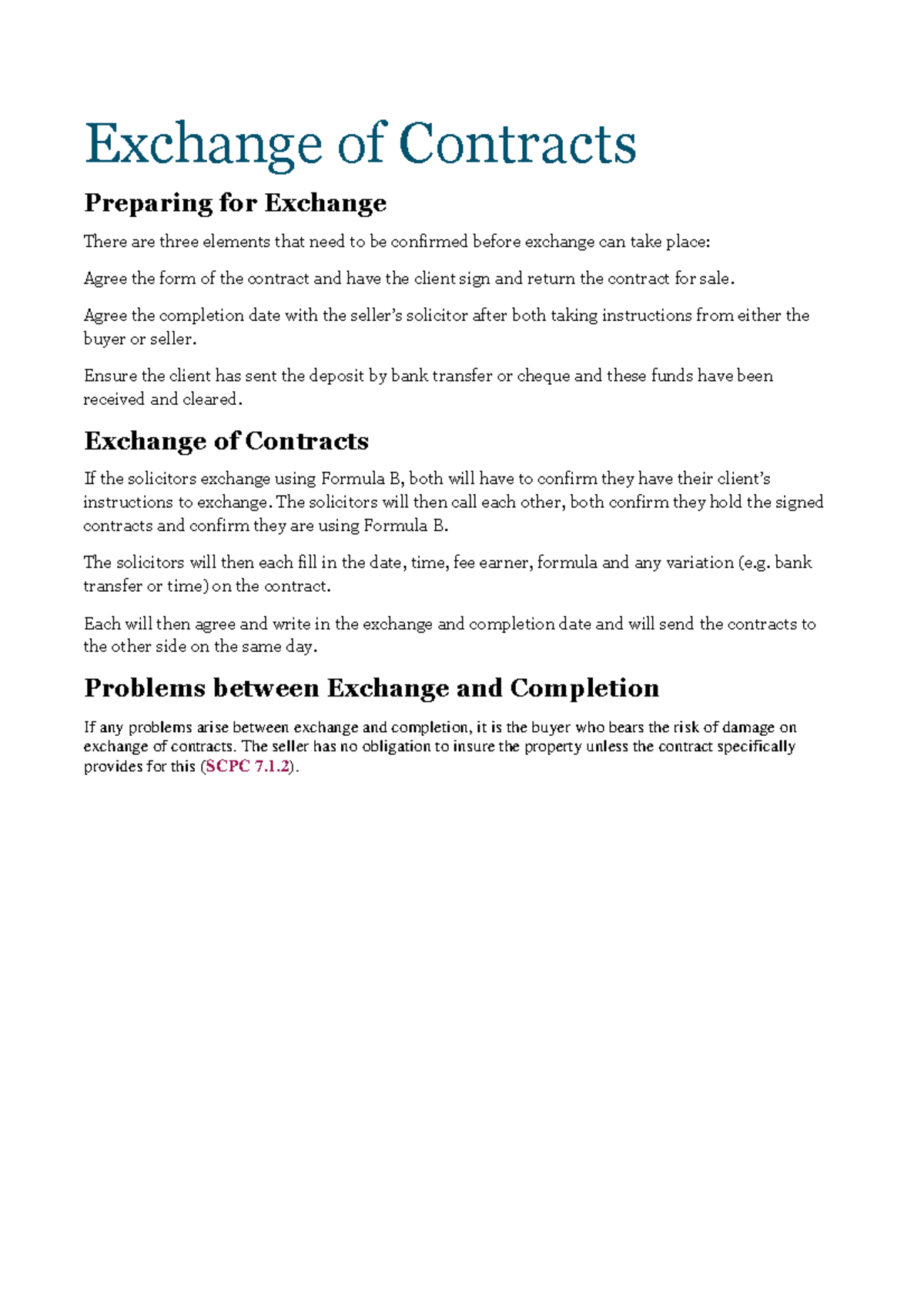 The Exchange of Contracts Exchange of Contracts Preparing for