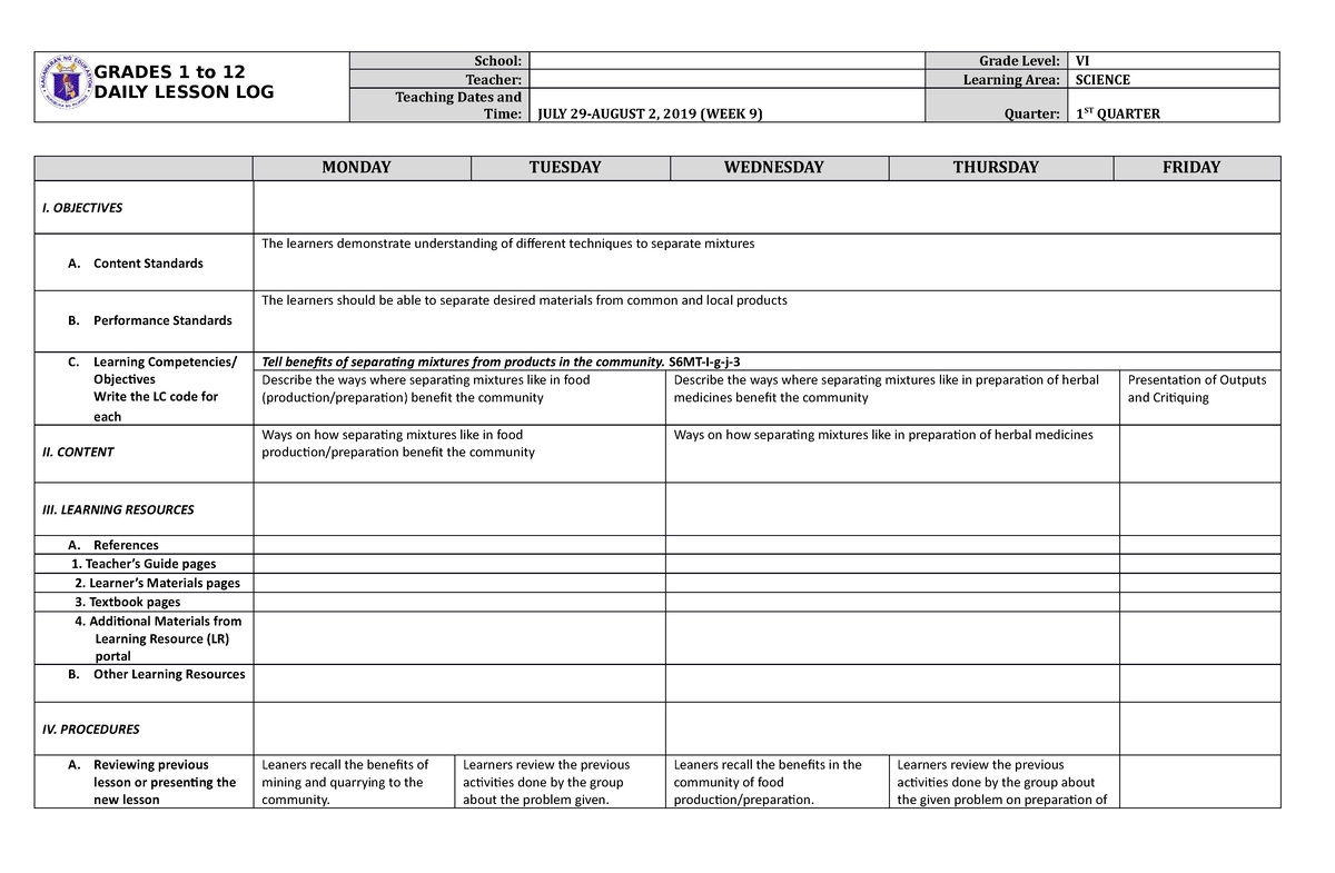 Dll Science 6 Q1 W9 - Daily Lesson Log - Asean Integration And 