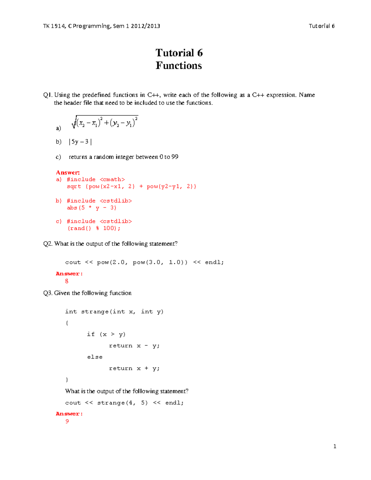 Tutorial 6 - Functions - Answer - TK 1914, C Programming, Sem 1 2012/ ...