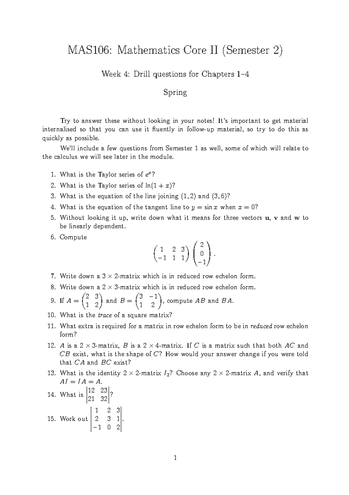 MAS106 S2 weekly week4prob - MAS106: Mathematics Core II (Semester 2 ...